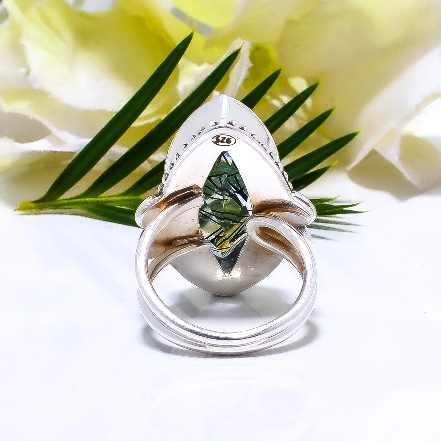 Black Rutilated Quartz - Simulated Gemstone 925 Sterling Silver Ring