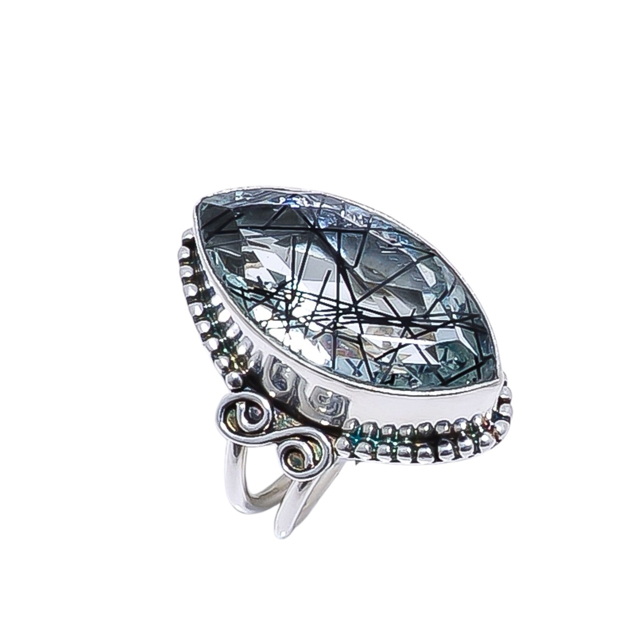 Black Rutilated Quartz - Simulated Gemstone 925 Sterling Silver Ring