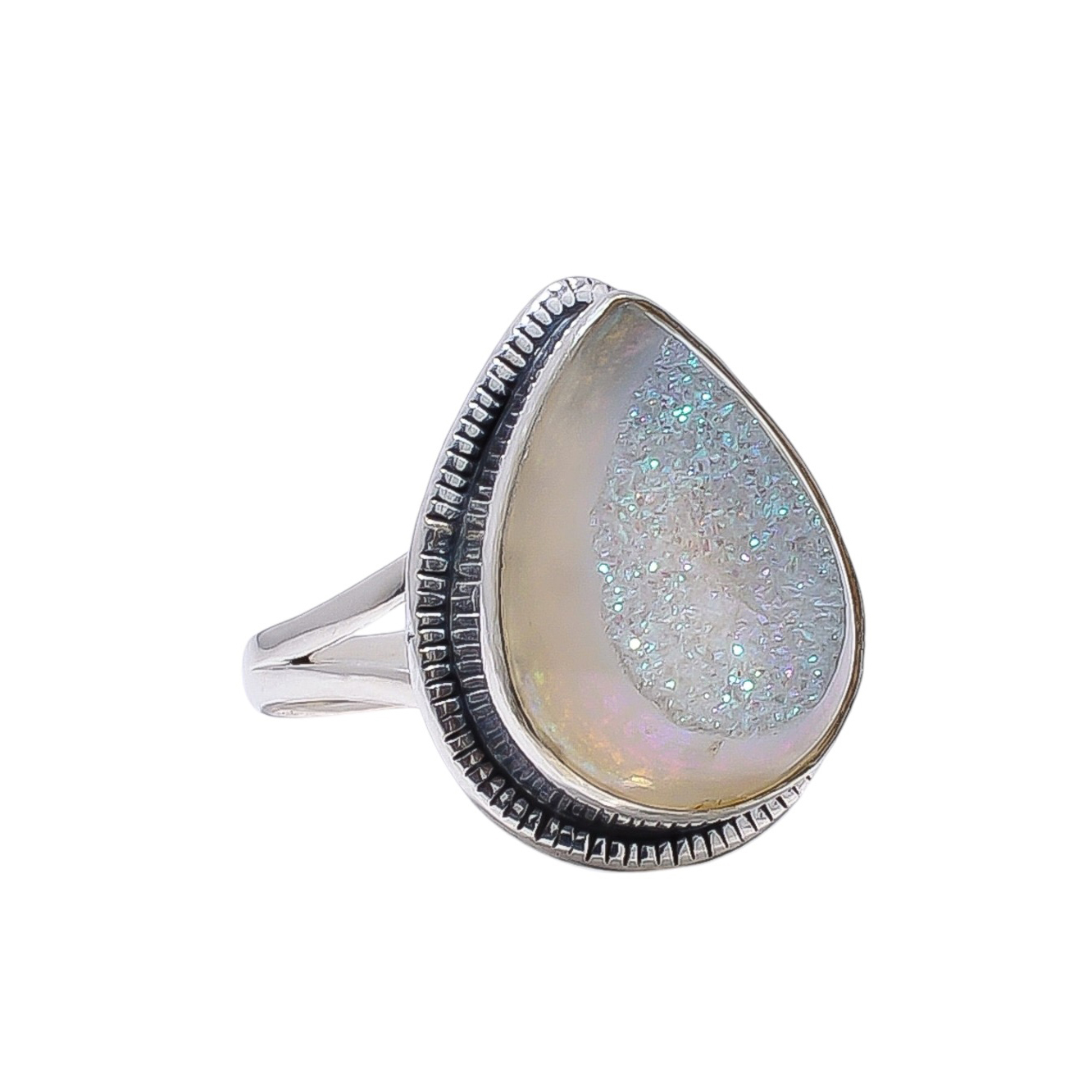 Snow White Titanium Agate Drusy 925 Sterling Silver Ring
