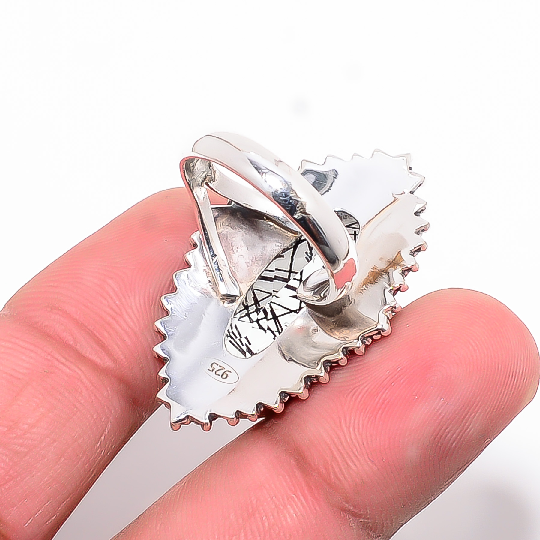 Black Rutilated Quartz - Simulated 925 Sterling Silver Ring