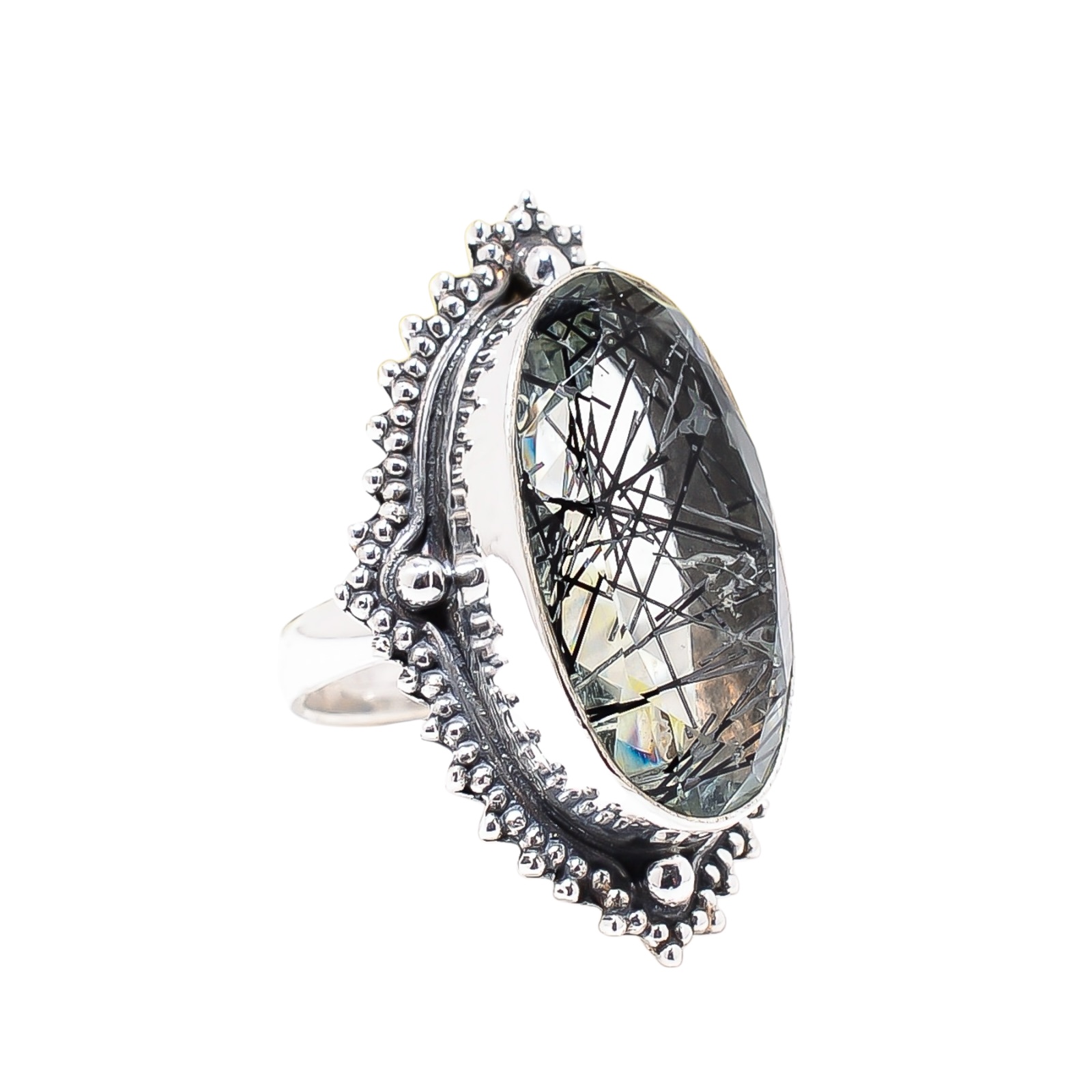 Black Rutilated Quartz - Simulated 925 Sterling Silver Ring