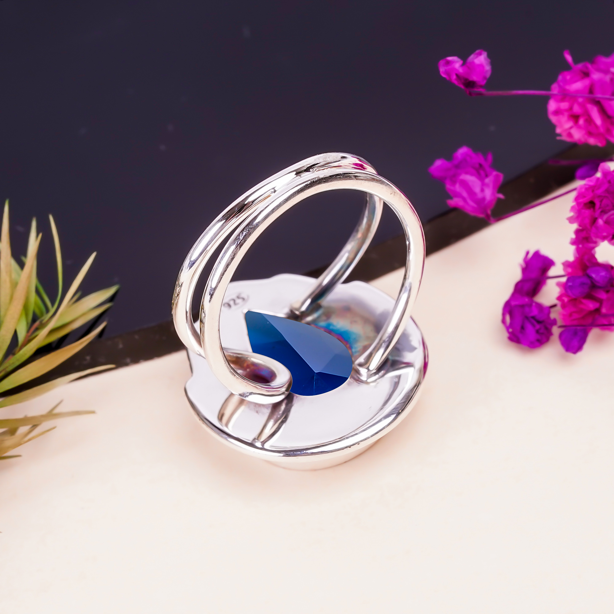 Blue Sapphire - Simulated Gemstone 925 Sterling Silver Ring