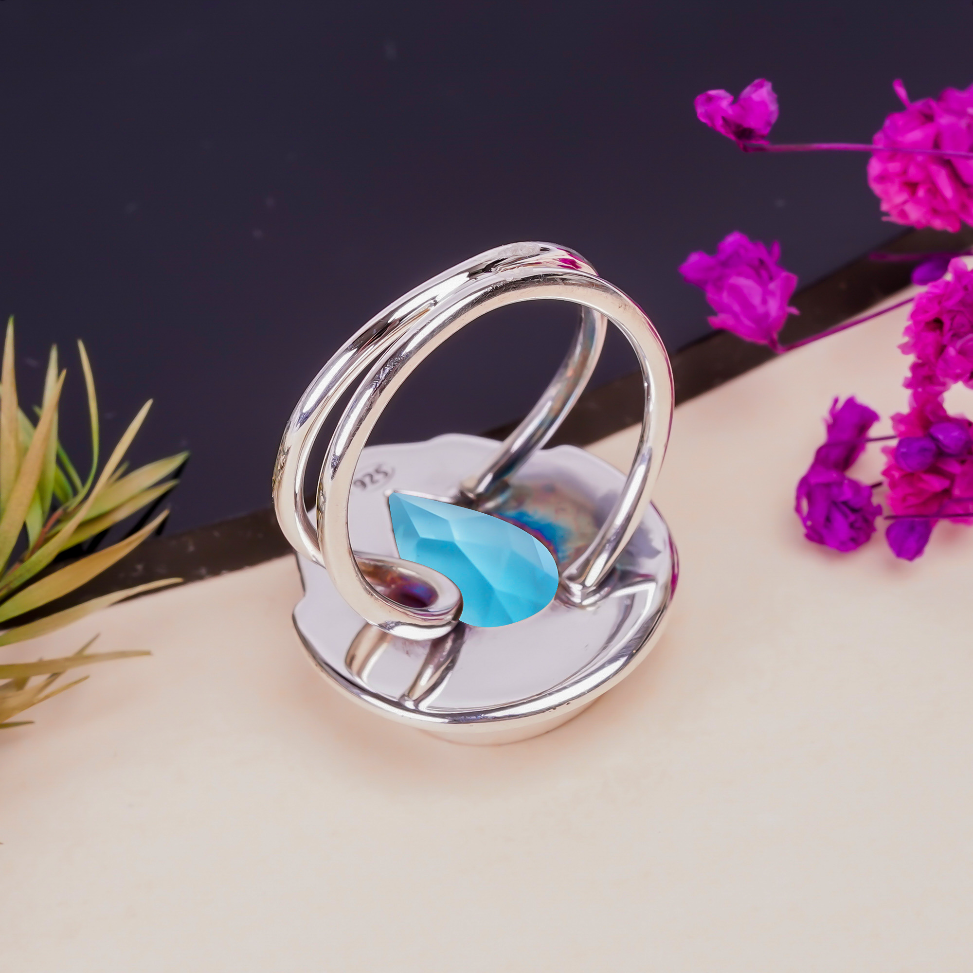 Blue Topaz - Simulated Gemstone 925 Sterling Silver Ring