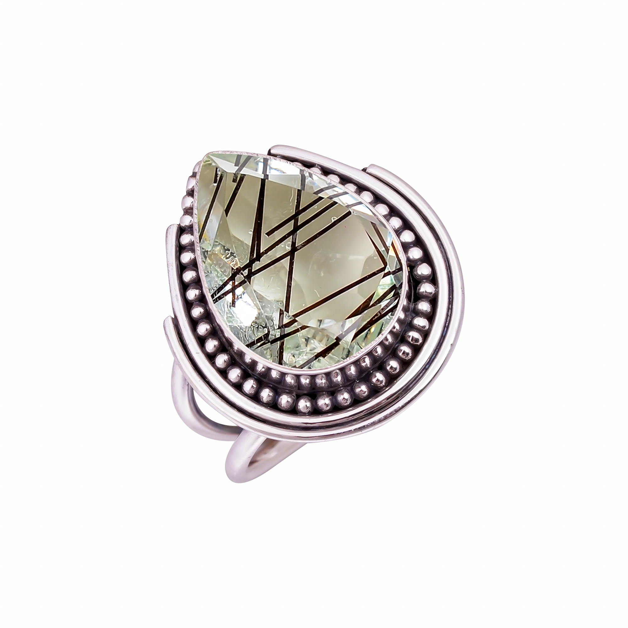 Black Rutilated Quartz - Simulated Gemstone 925 Sterling Silver Ring