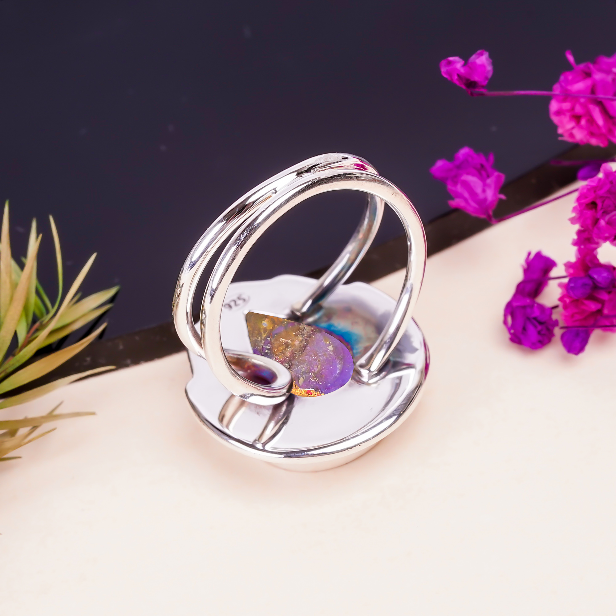 Copper Purple Turquoise Gemstone 925 Sterling Silver Ring