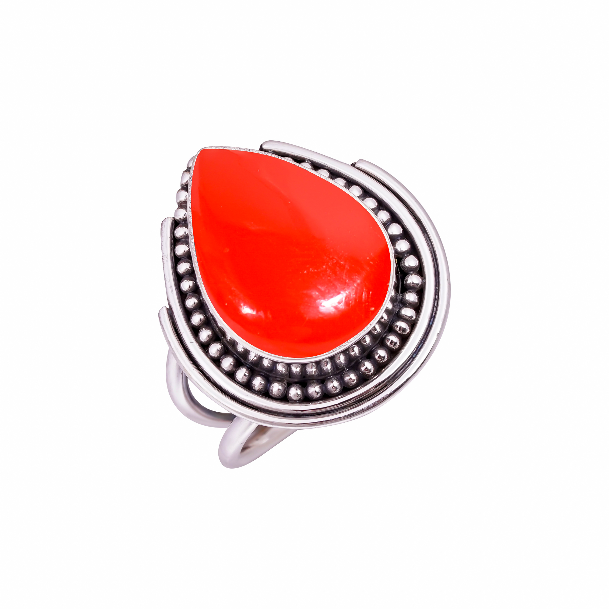 Red Coral - Simulated Gemstone 925 Sterling Silver Ring