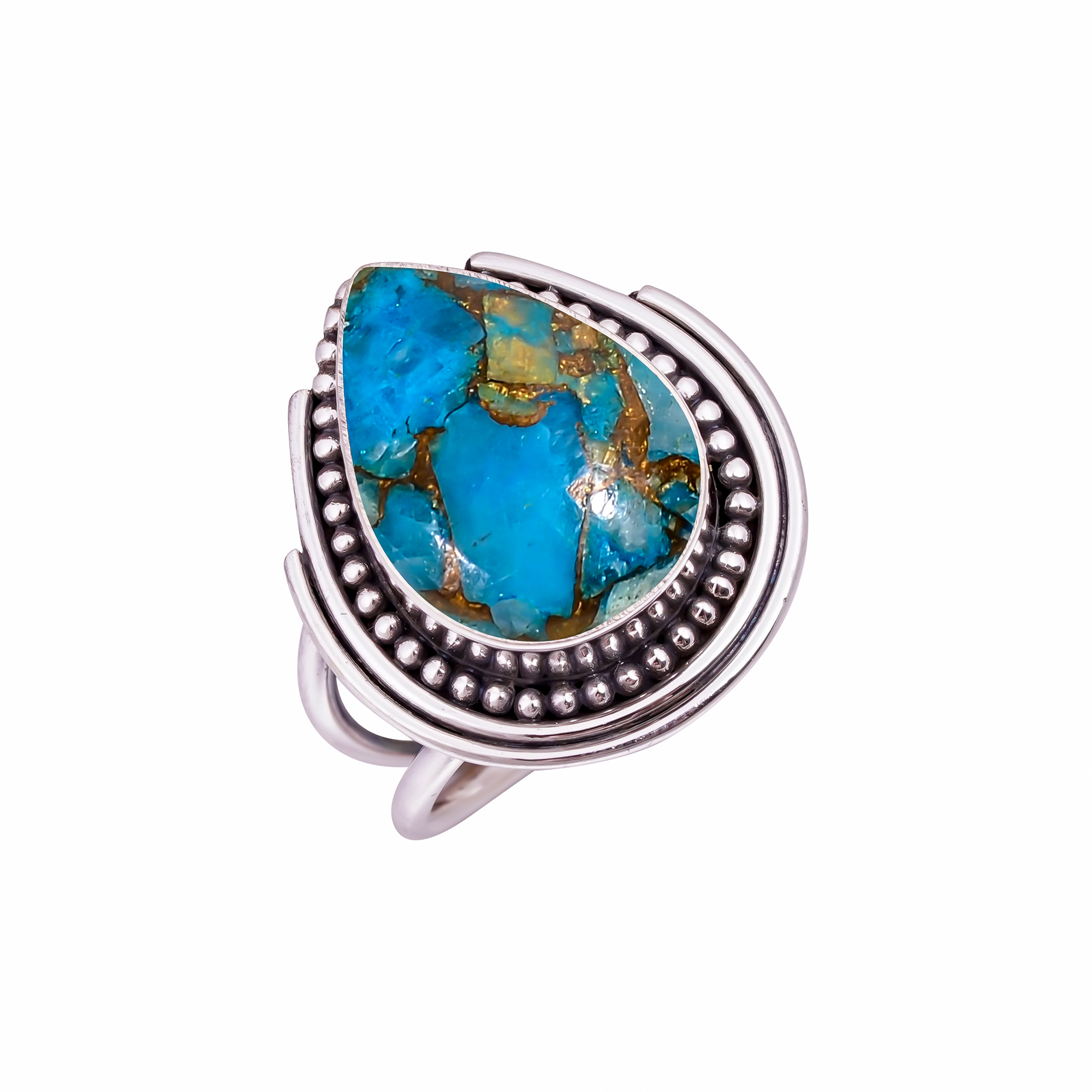 Copper Blue Turquoise Gemstone 925 Sterling Silver Ring