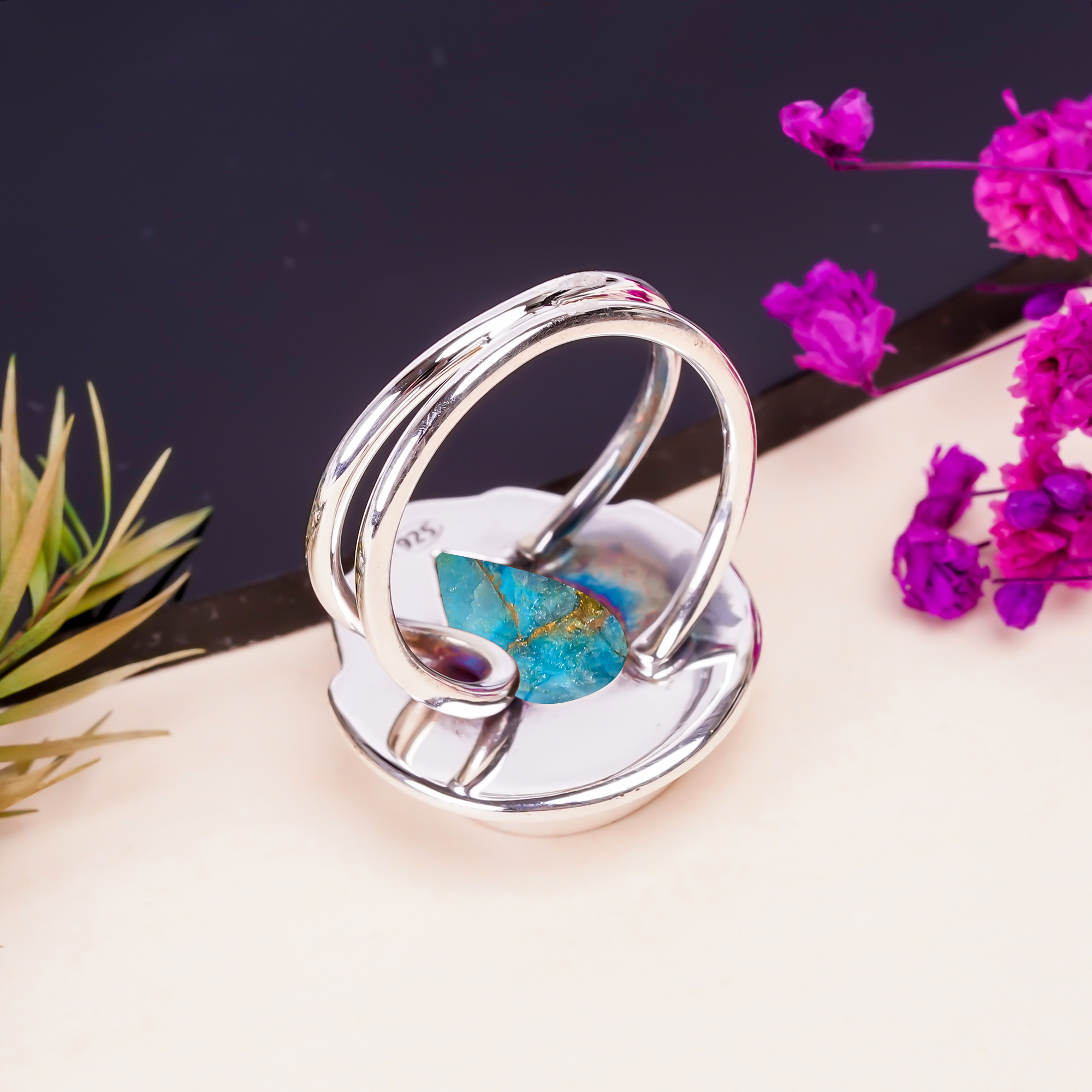 Copper Blue Turquoise Gemstone 925 Sterling Silver Ring