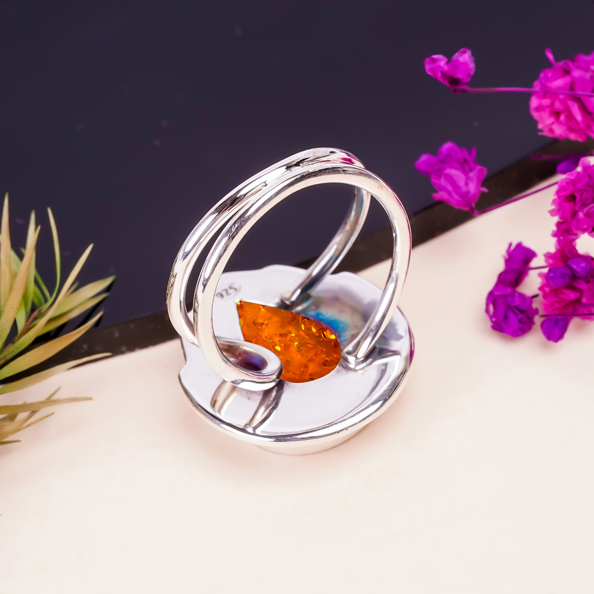 Amber - Simulated Gemstone 925 Sterling Silver Ring