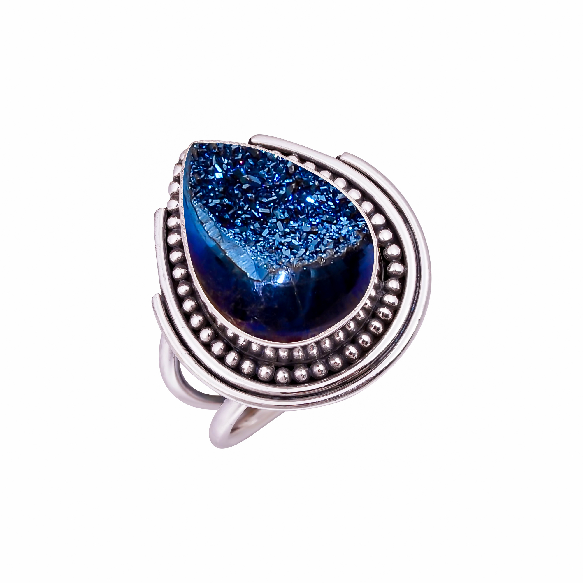 Electric Blue Titanium Agate Drusy Gemstone 925 Sterling Silver Ring
