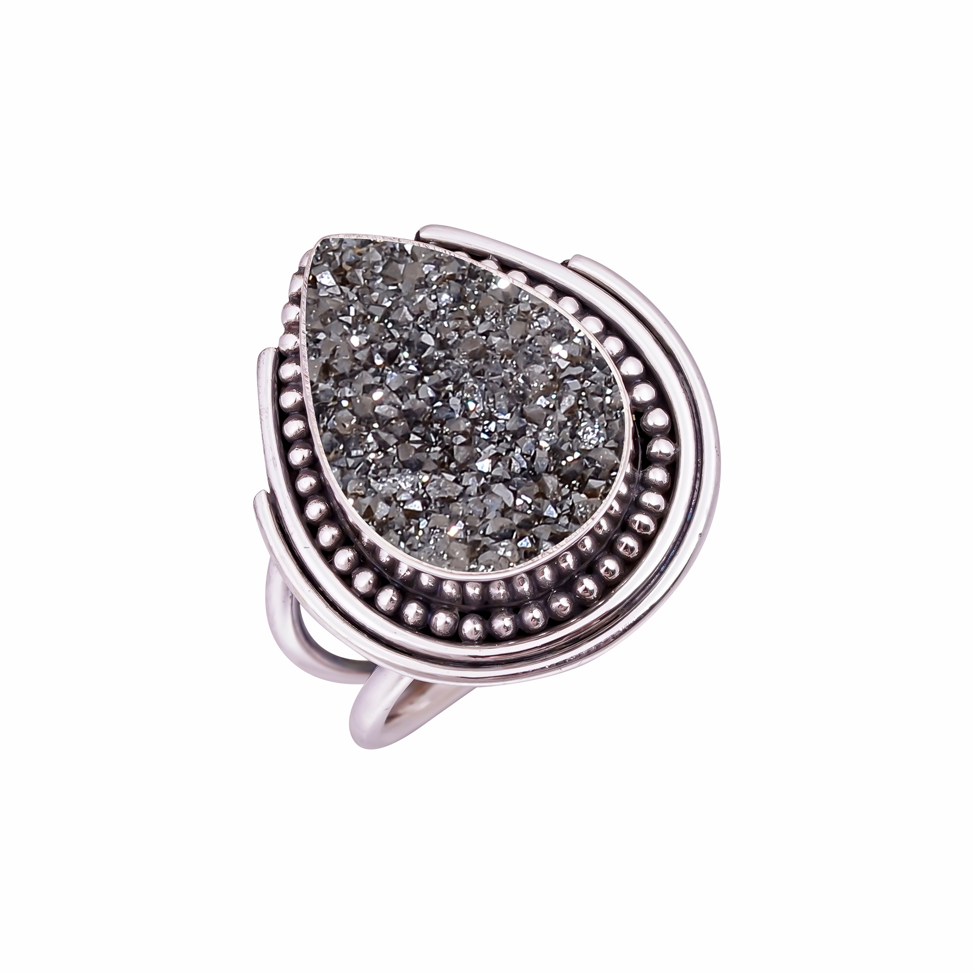 Black Titanium Agate Drusy Gemstone 925 Sterling Silver Ring