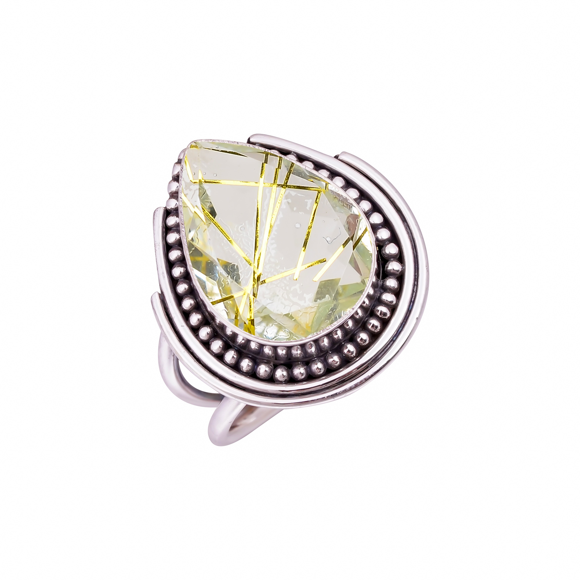 Golden Rutilated Quartz - Simulated Gemstone 925 Sterling Silver Ring