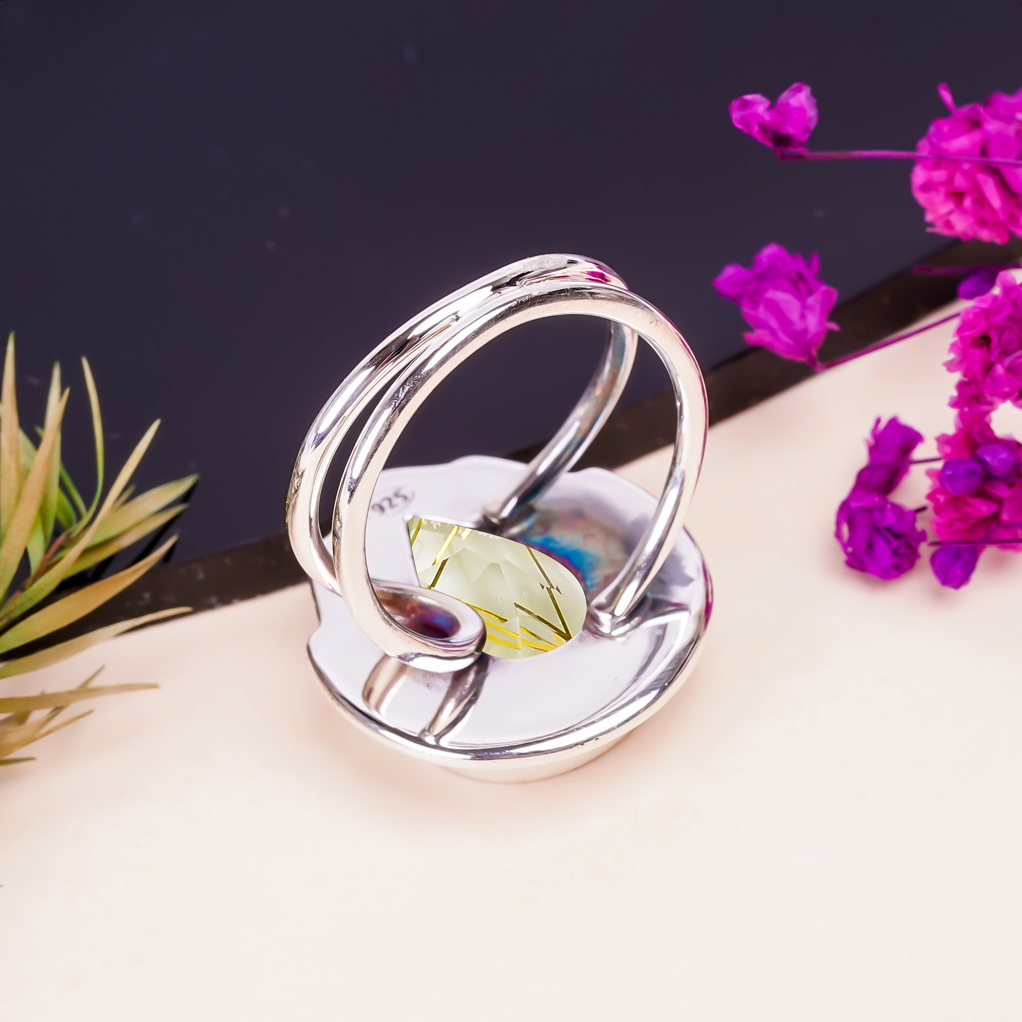 Golden Rutilated Quartz - Simulated Gemstone 925 Sterling Silver Ring