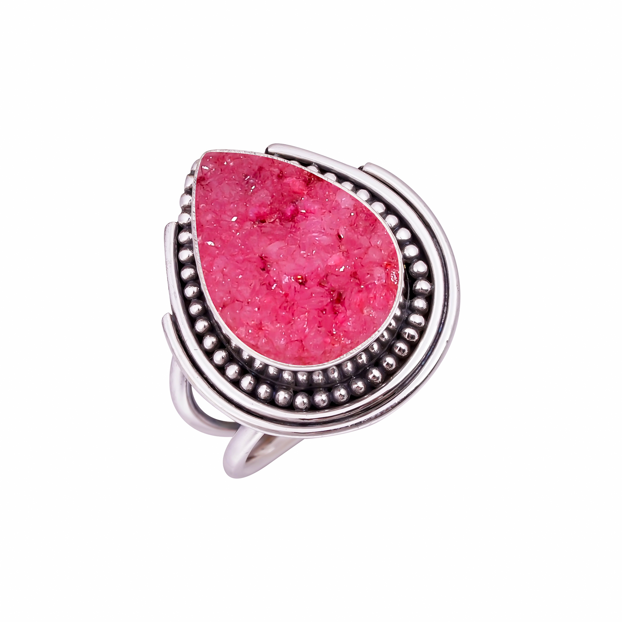 Pink Quartz Drusy - India Gemstone 925 Sterling Silver Ring
