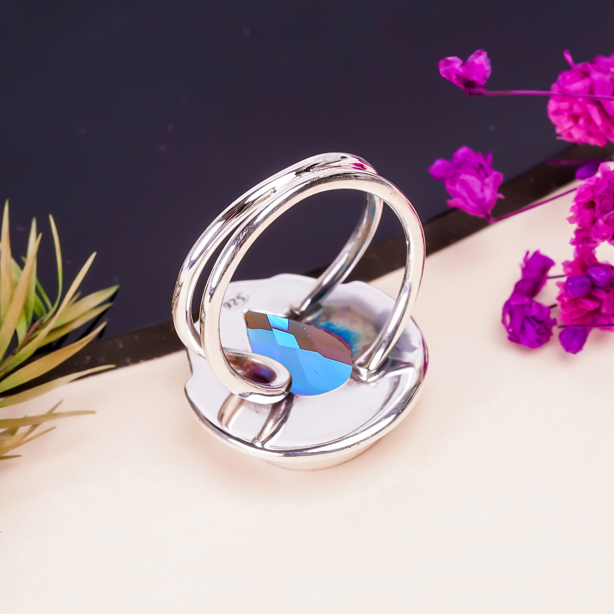 Black Rainbow Mystic Fire Topaz - Simulated Gemstone 925 Sterling Silver Ring
