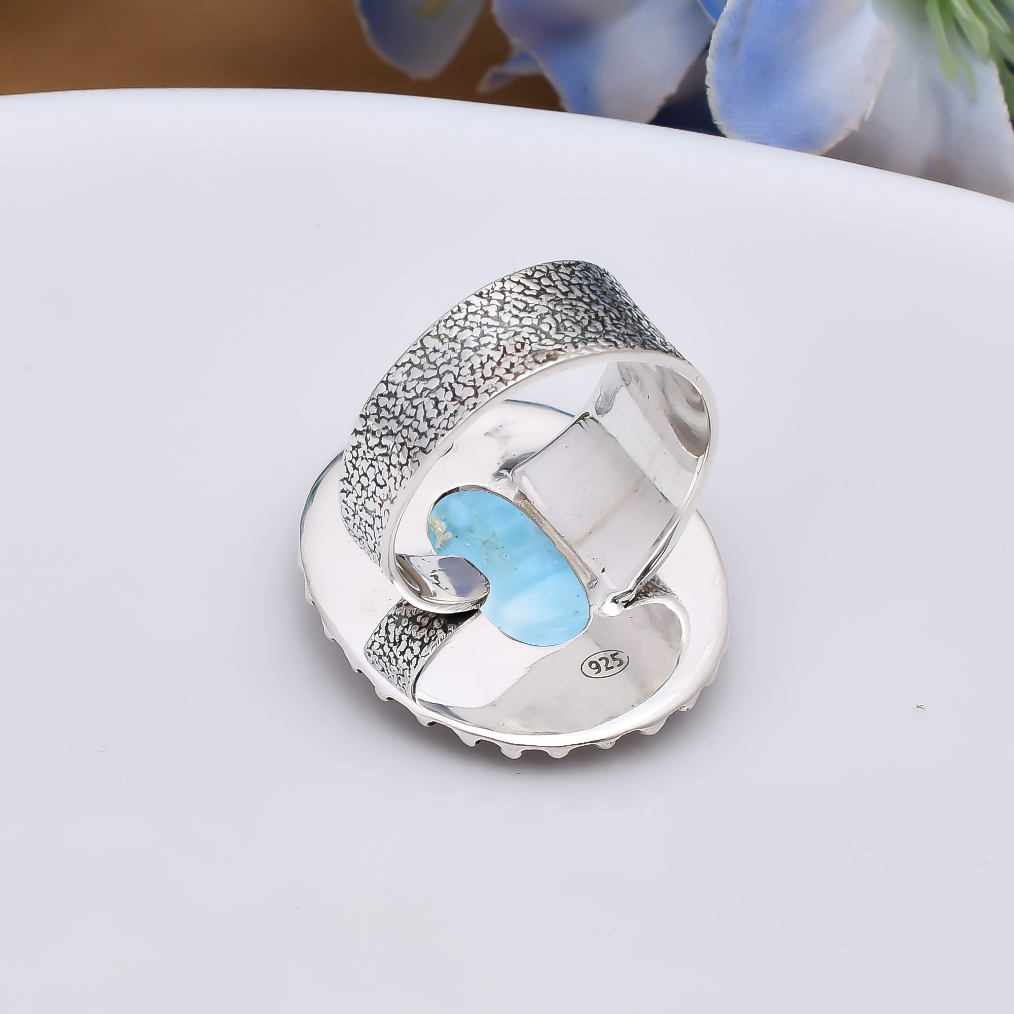 Natural Larimar / Pactolite - Dominican Republic 925 Sterling Silver Ring