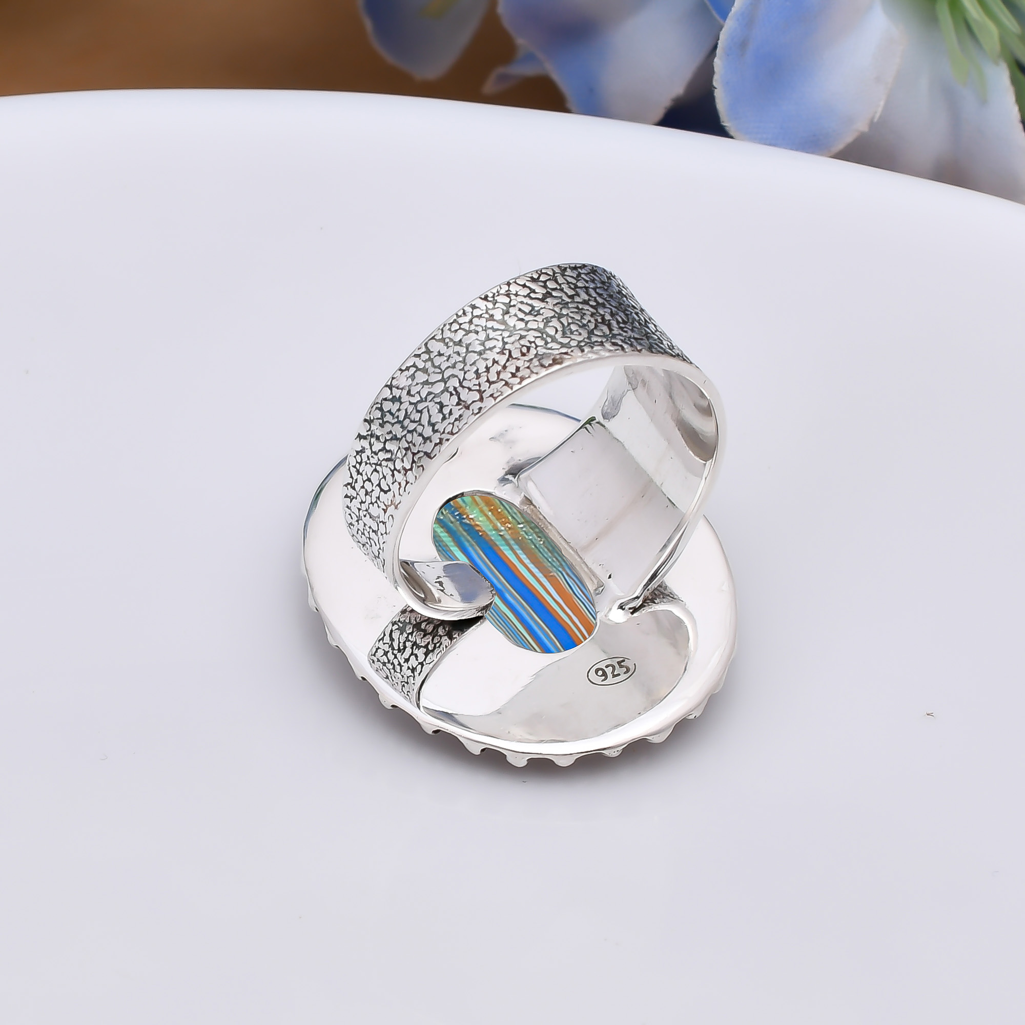 Blue Rainbow Calsilica - Simulated 925 Sterling Silver Ring