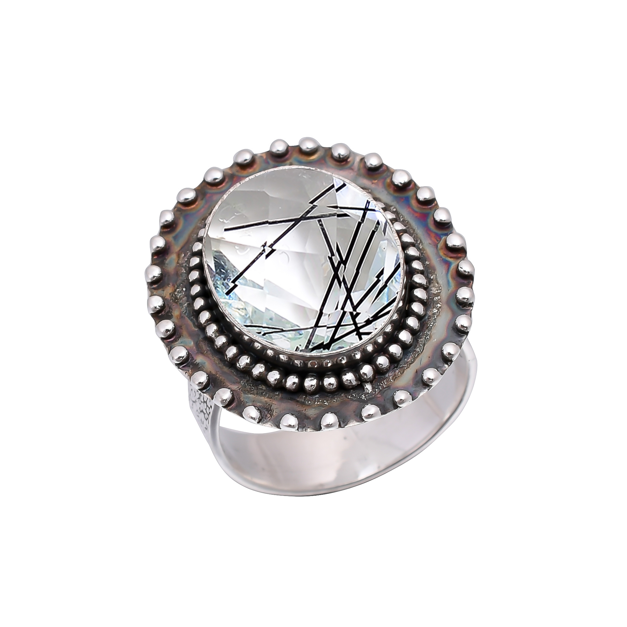 Black Rutilated Quartz - Simulated 925 Sterling Silver Ring