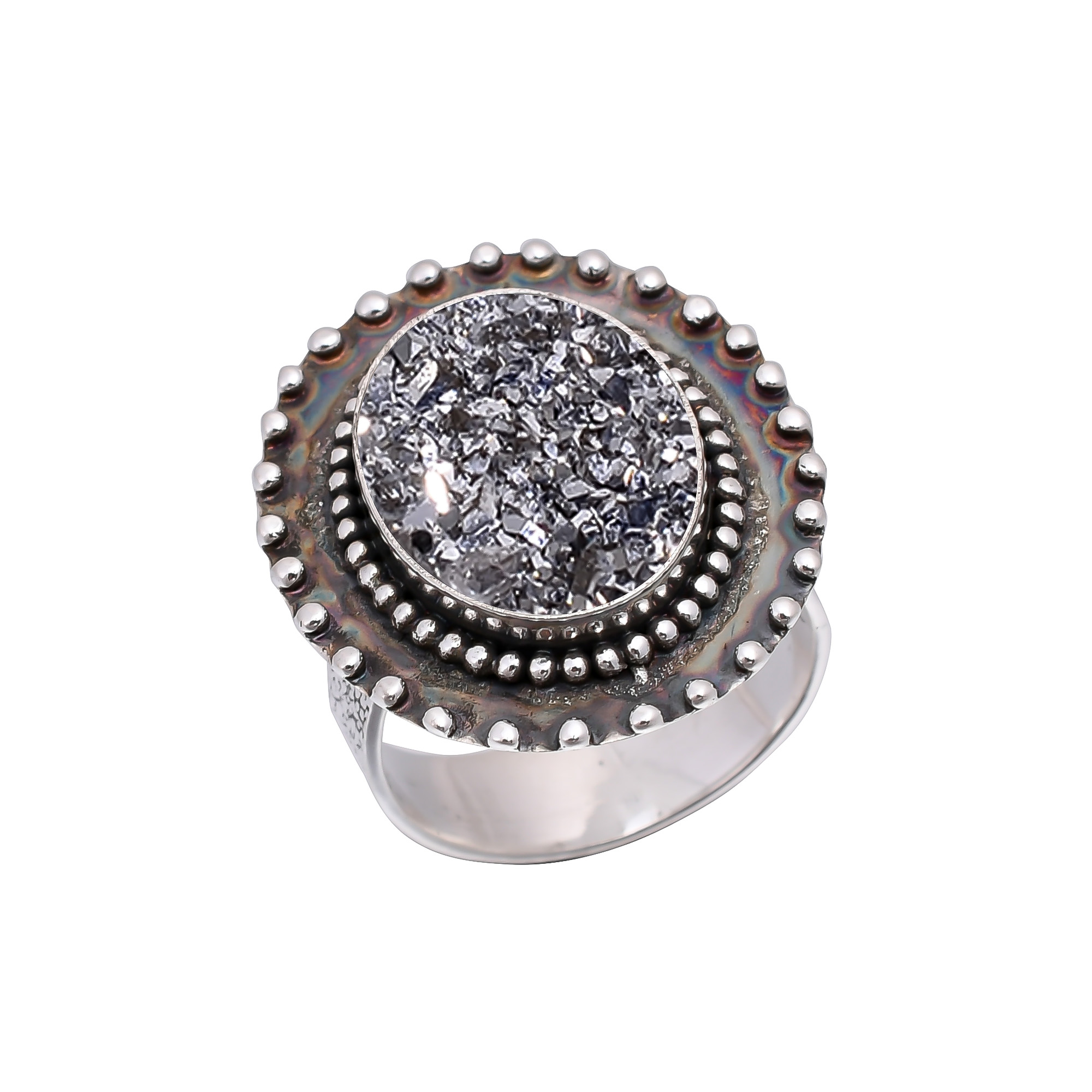Silver Titanium Agate Drusy 925 Sterling Silver Ring