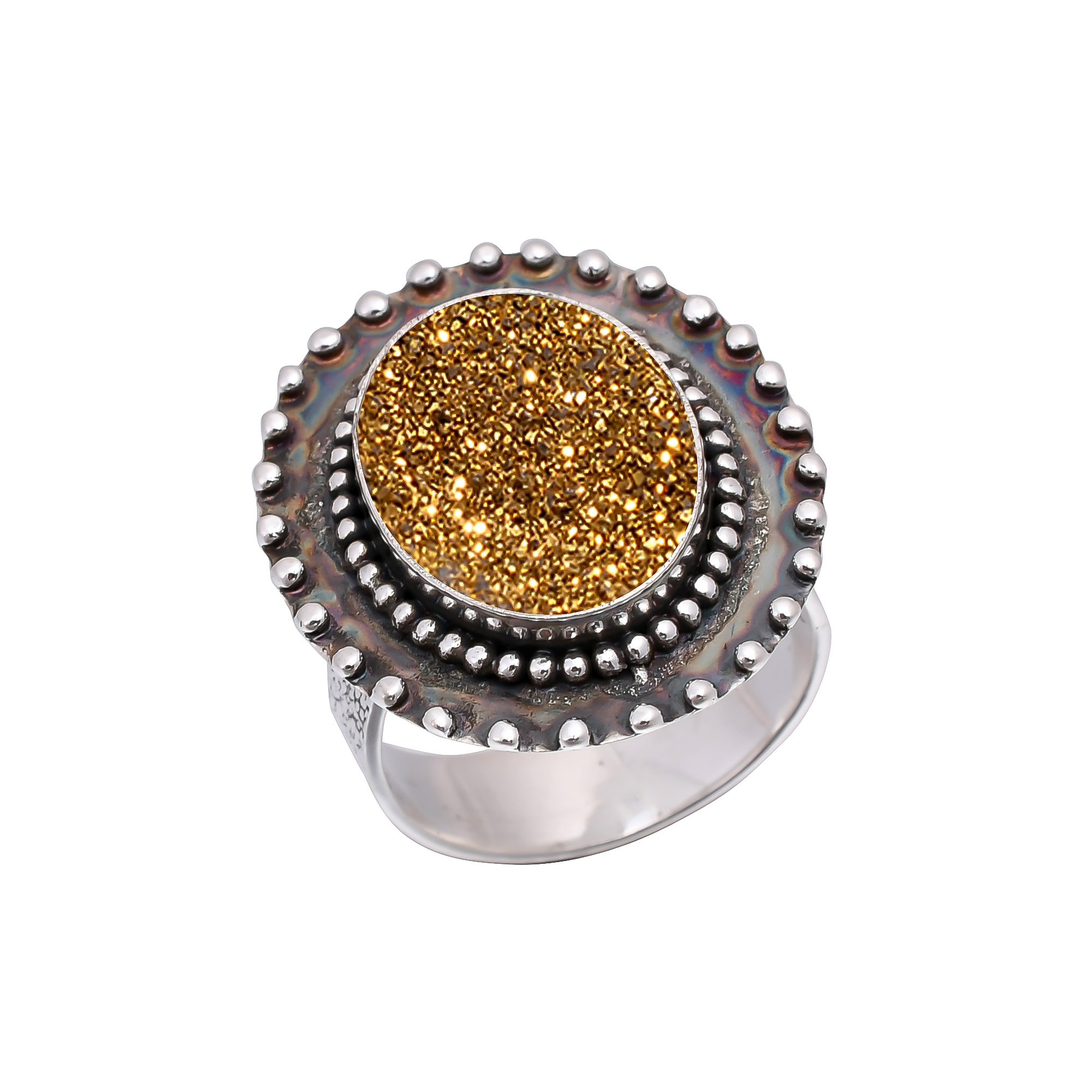 Golden Titanium Agate Drusy 925 Sterling Silver Ring