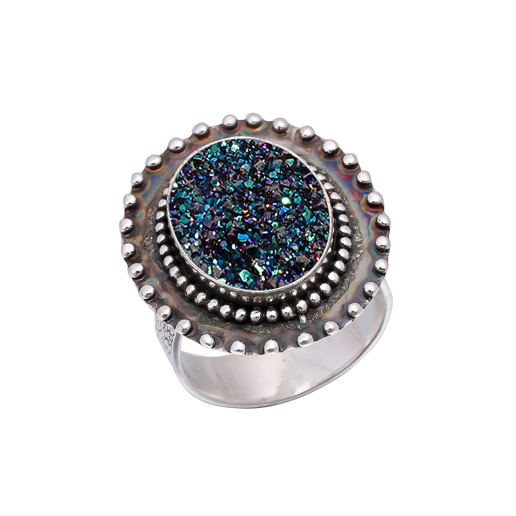 Electric Blue Titanium Agate Drusy 925 Sterling Silver Ring