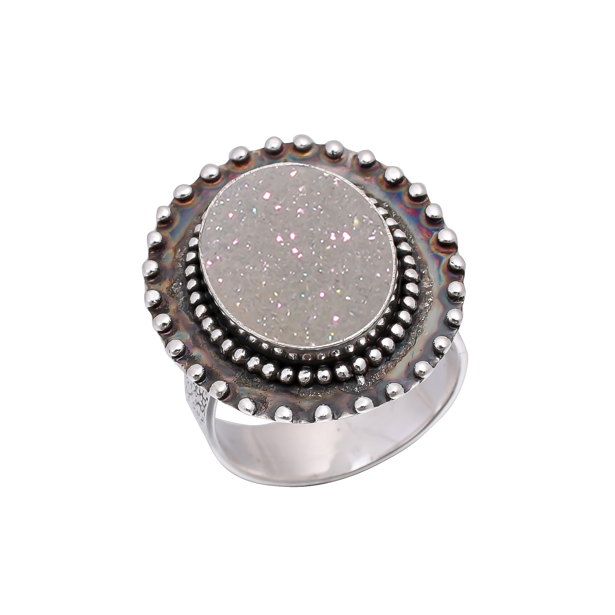 Snow White Titanium Agate Drusy 925 Sterling Silver Ring