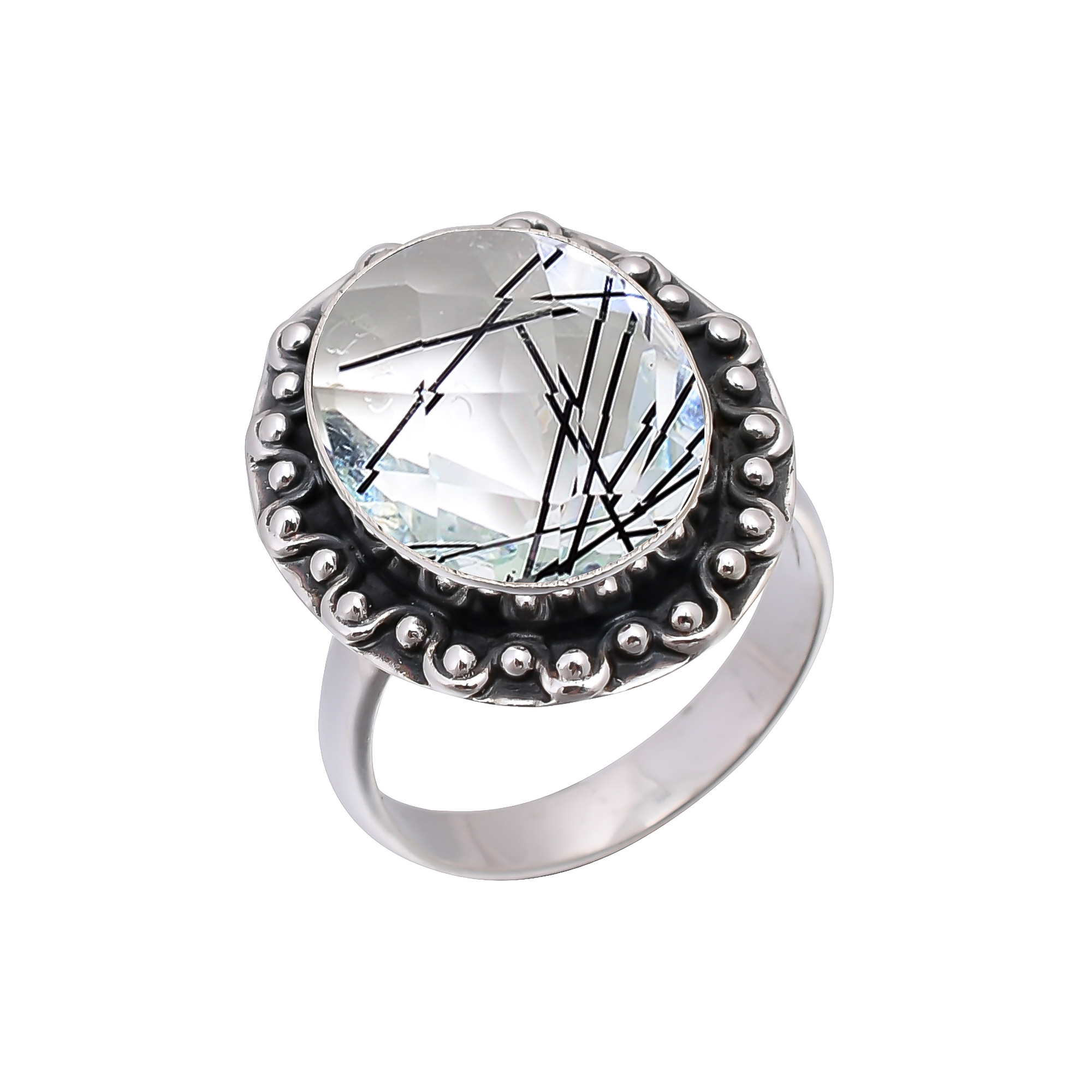 Black Rutilated Quartz - Simulated 925 Sterling Silver Ring