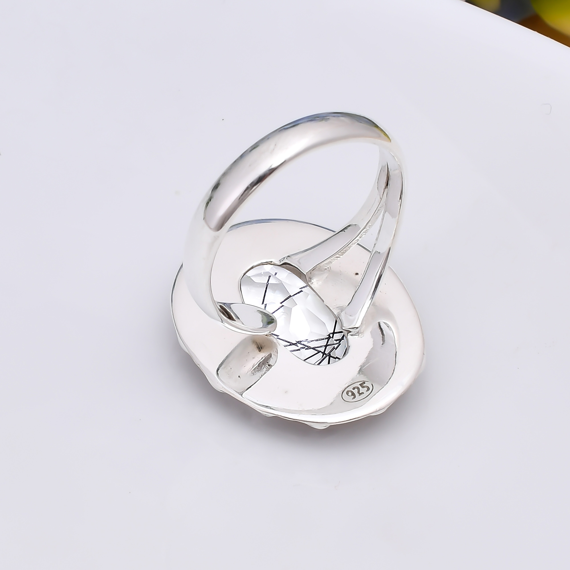 Black Rutilated Quartz - Simulated 925 Sterling Silver Ring