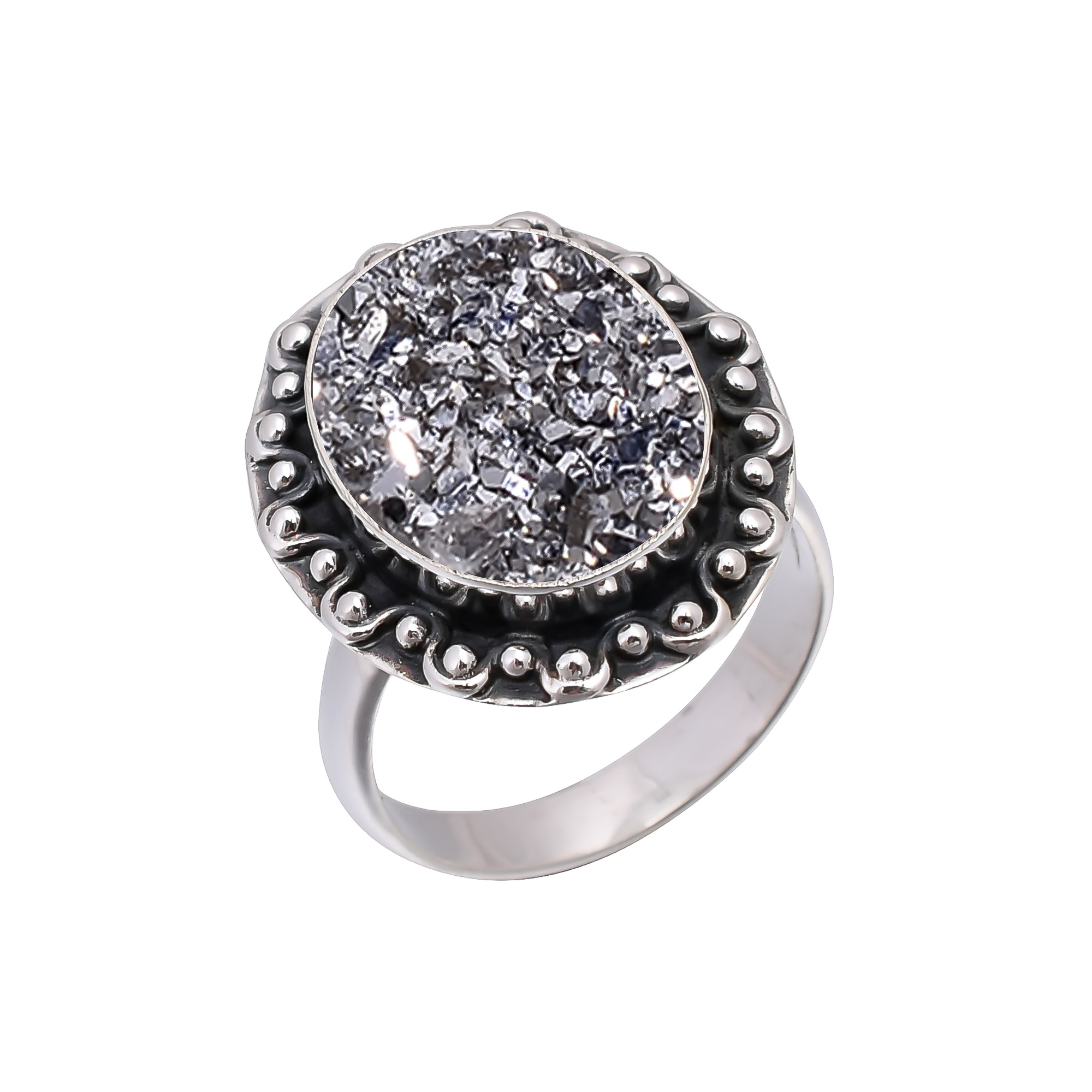 Silver Titanium Agate Drusy 925 Sterling Silver Ring