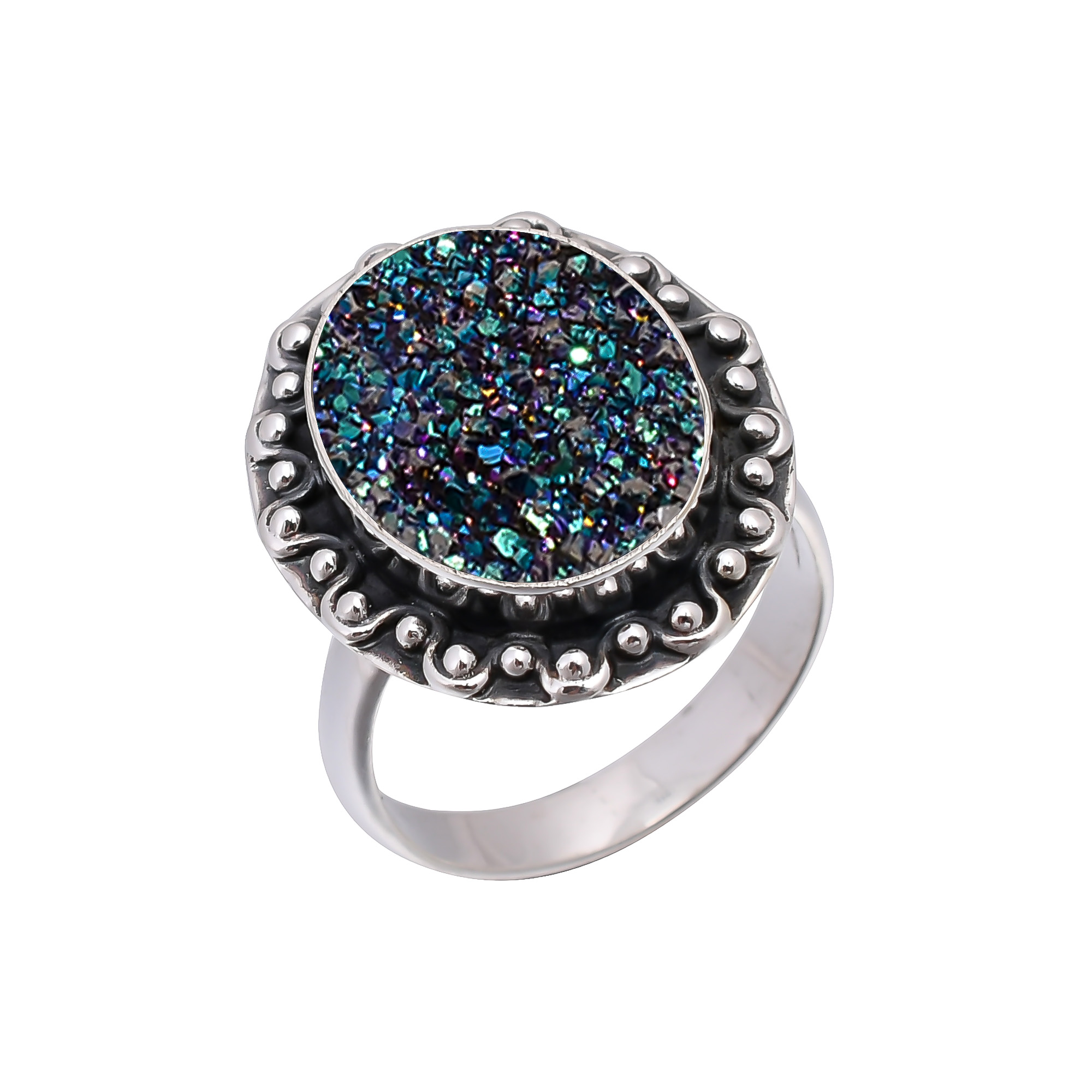 Electric Blue Titanium Agate Drusy 925 Sterling Silver Ring