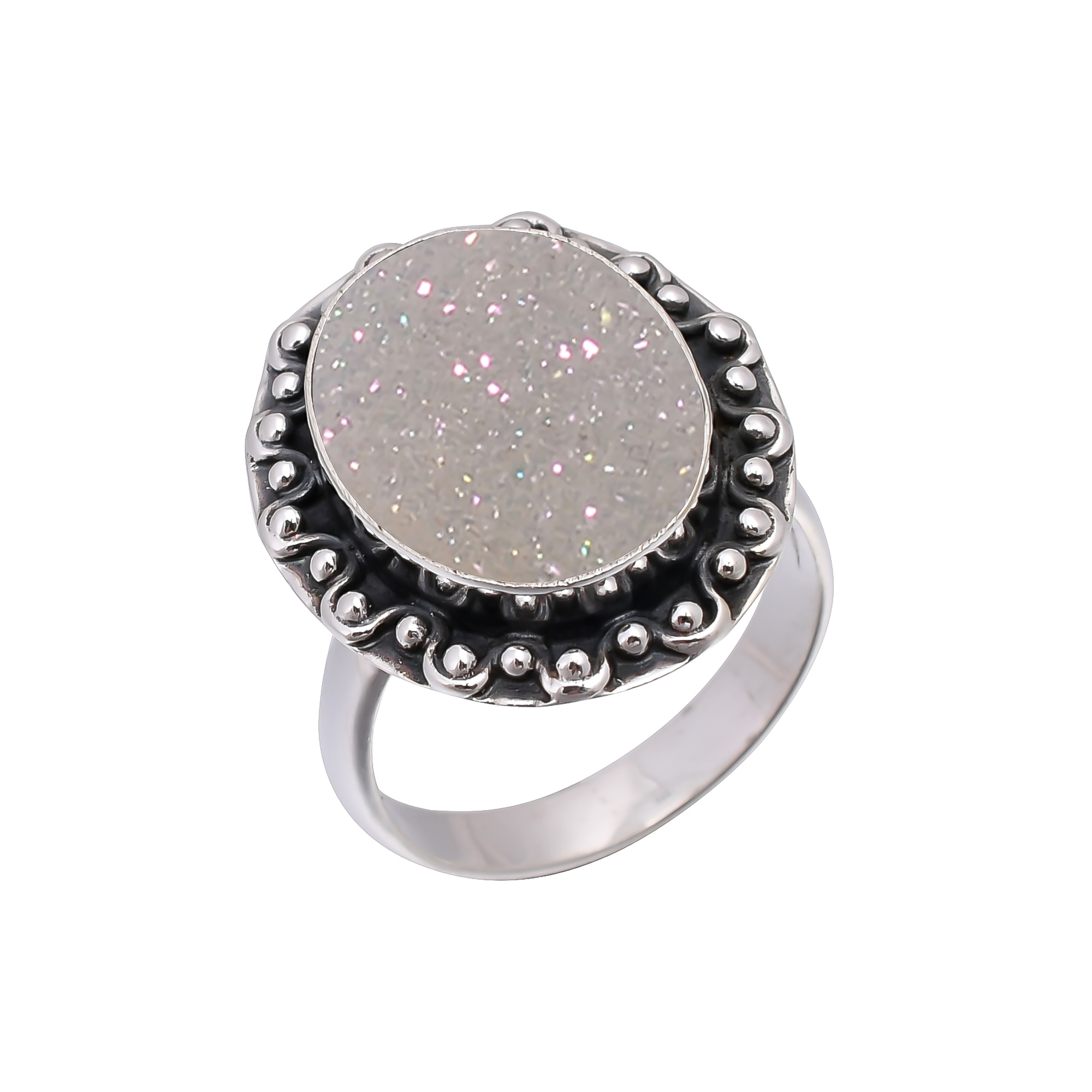 Snow White Titanium Agate Drusy 925 Sterling Silver Ring