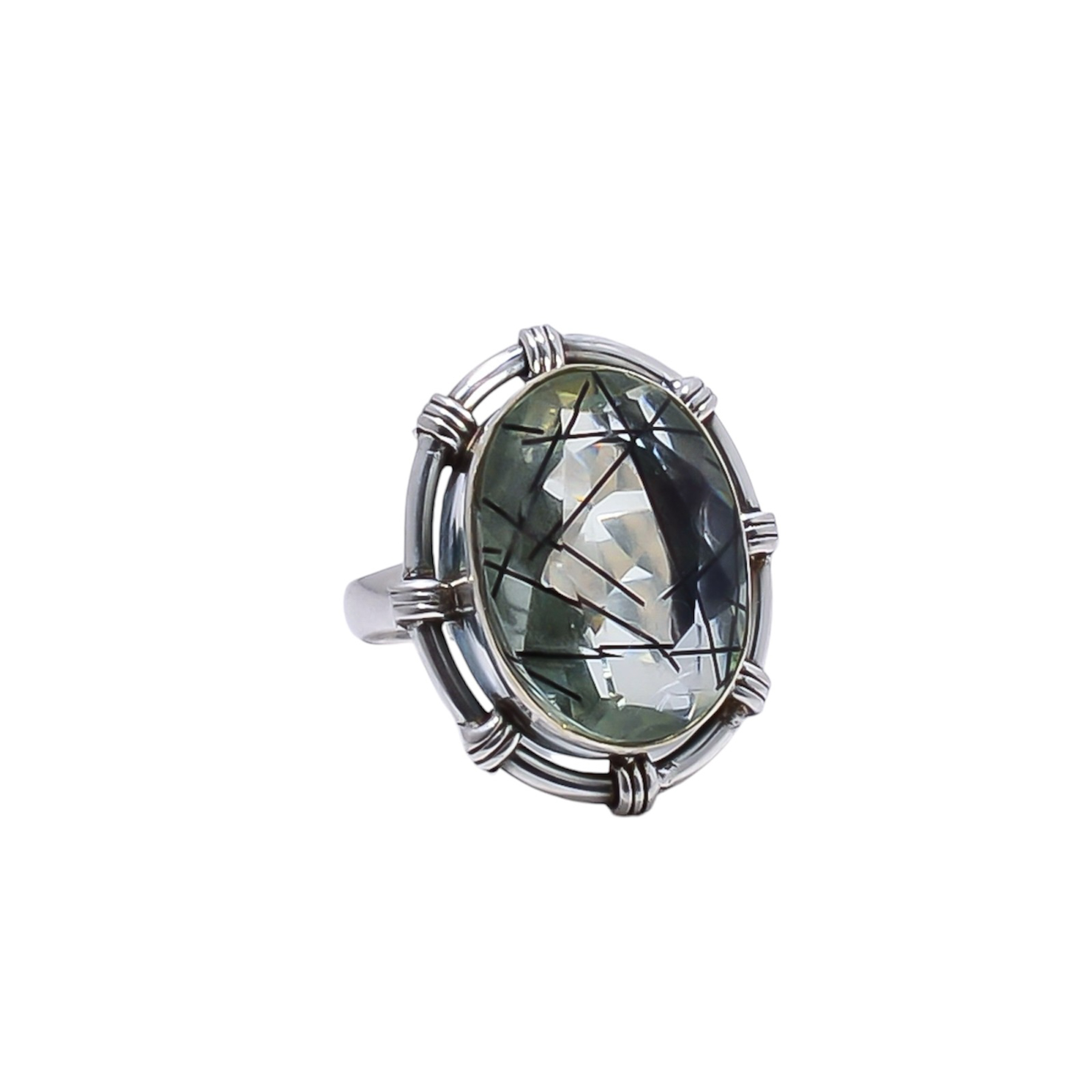Black Rutilated Quartz - Simulated Gemstone 925 Sterling Silver Ring