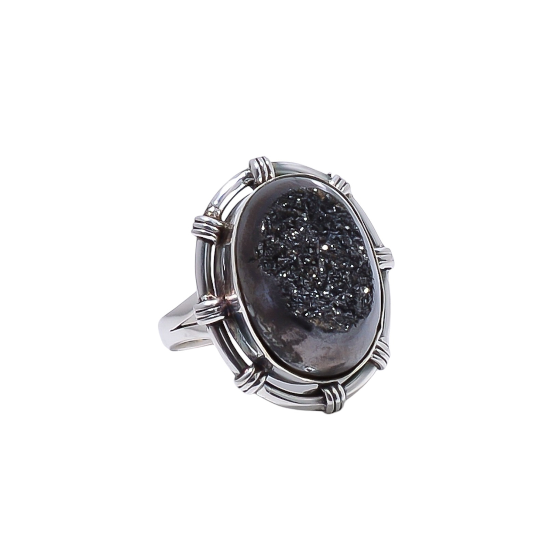 Black Titanium Agate Drusy Gemstone 925 Sterling Silver Ring