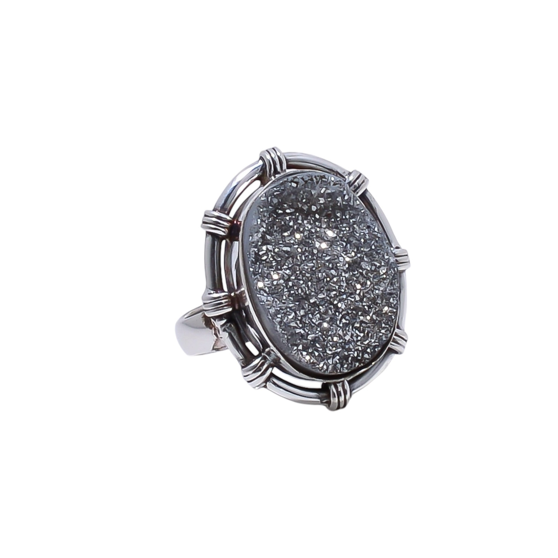 Silver Titanium Agate Drusy Gemstone 925 Sterling Silver Ring