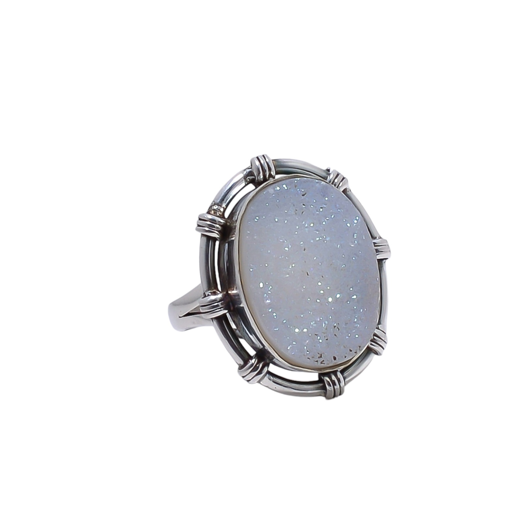 Snow White Titanium Agate Drusy Gemstone 925 Sterling Silver Ring