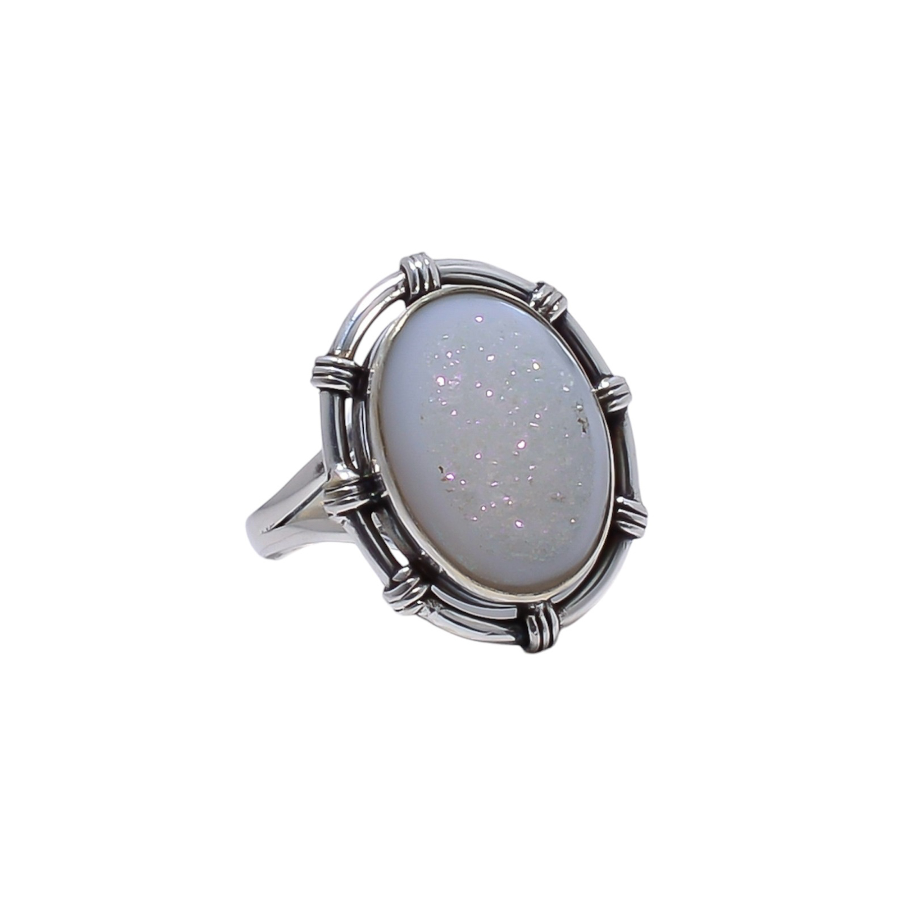Snow White Titanium Agate Drusy Gemstone 925 Sterling Silver Ring