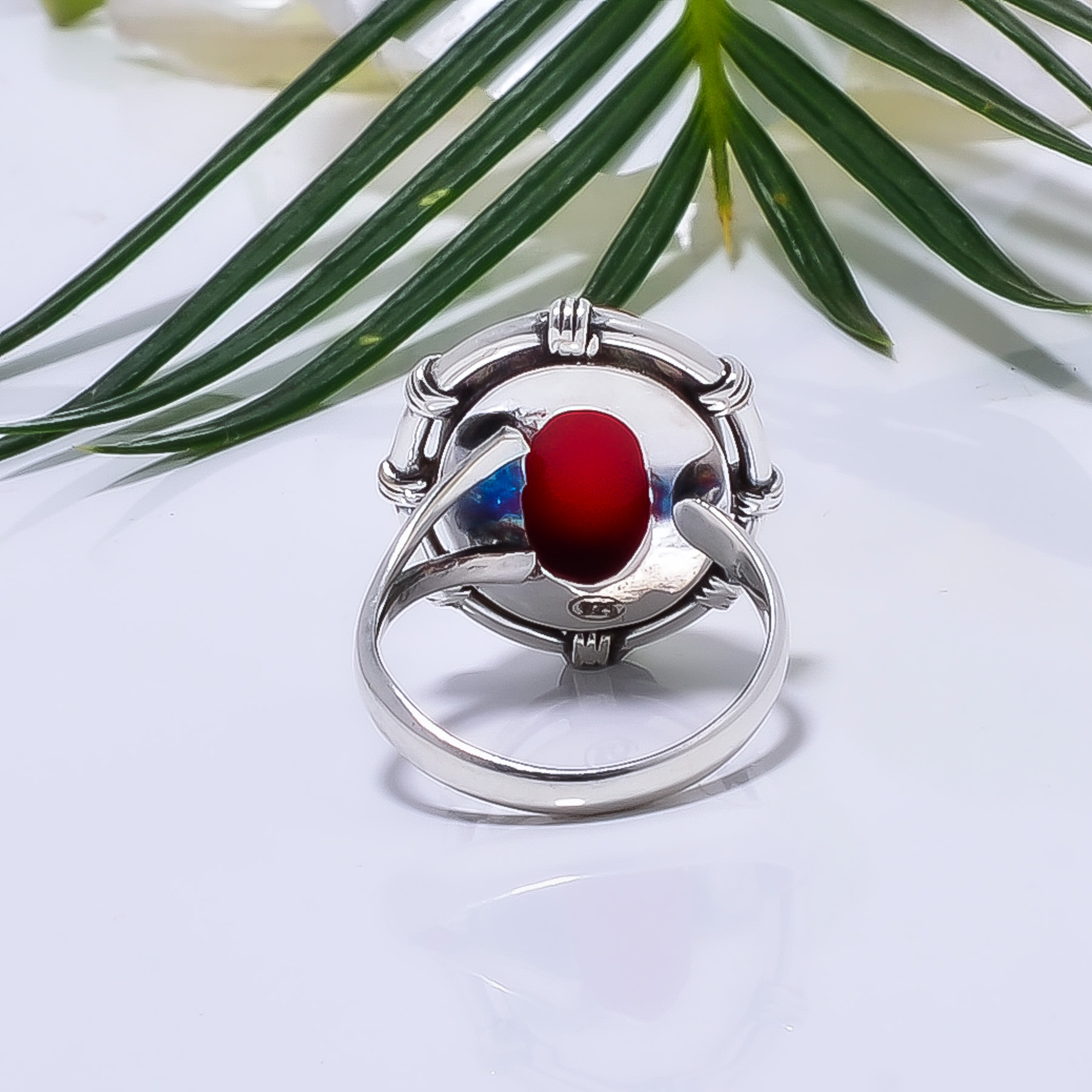 Red Coral - Simulated Gemstone 925 Sterling Silver Ring