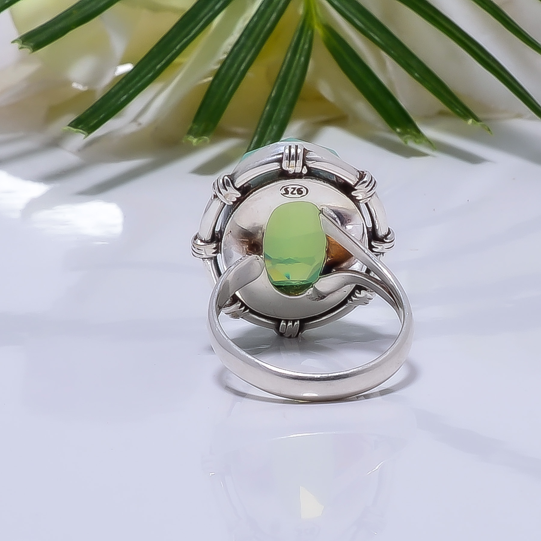 Green Milky Opal - Simulated Gemstone 925 Sterling Silver Ring