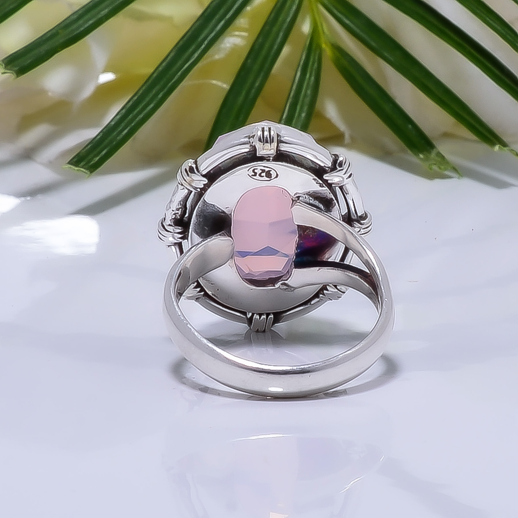 Pink Milky Pink Opal - Simulated Gemstone 925 Sterling Silver Ring