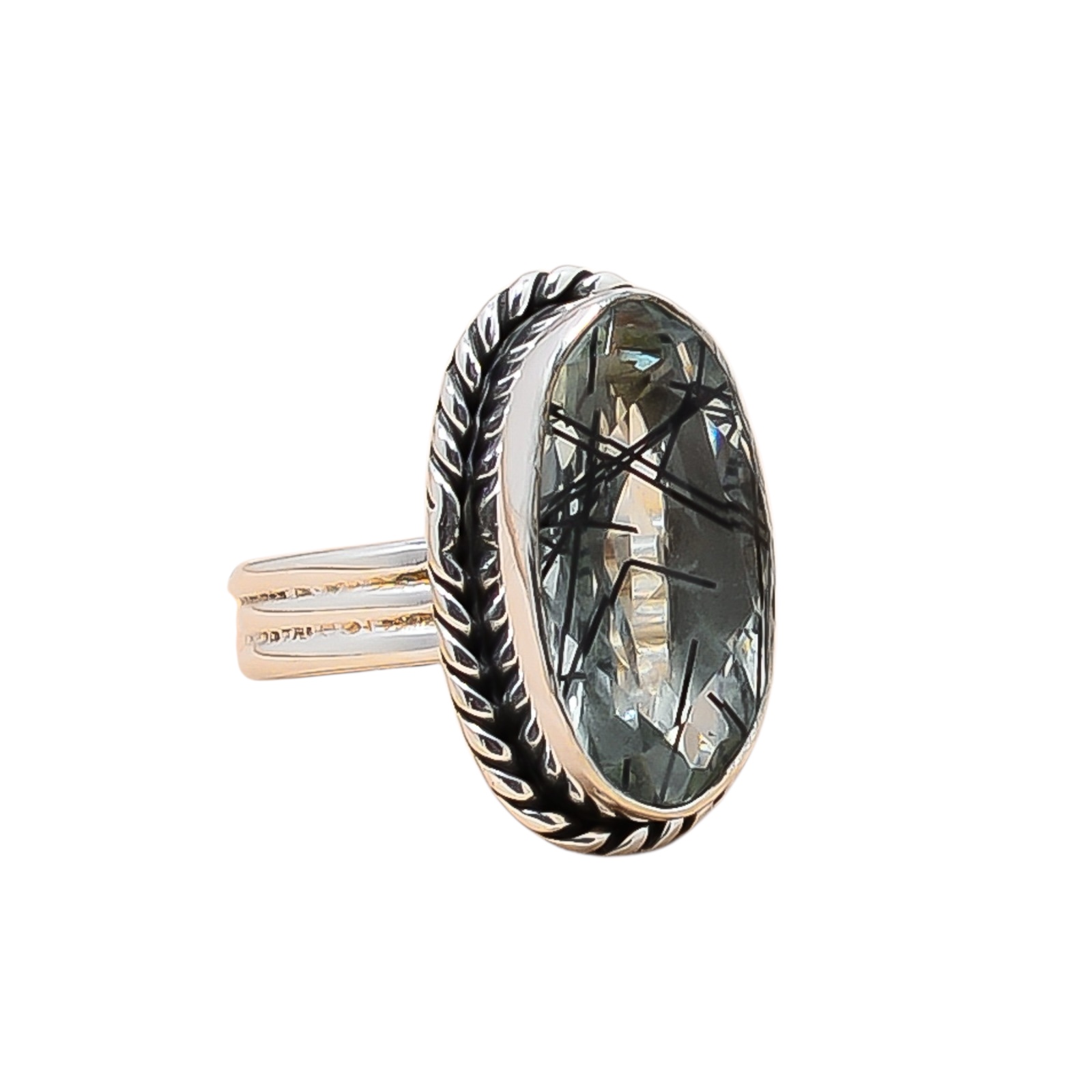 Black Rutilated Quartz - Simulated 925 Sterling Silver Ring