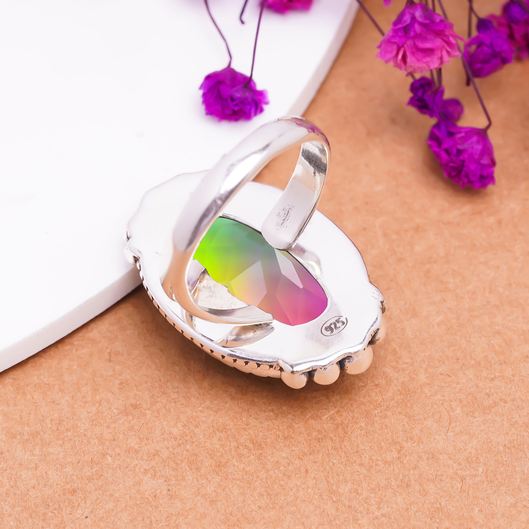 Bio Tourmaline - Simulated Gemstone 925 Sterling Silver Ring