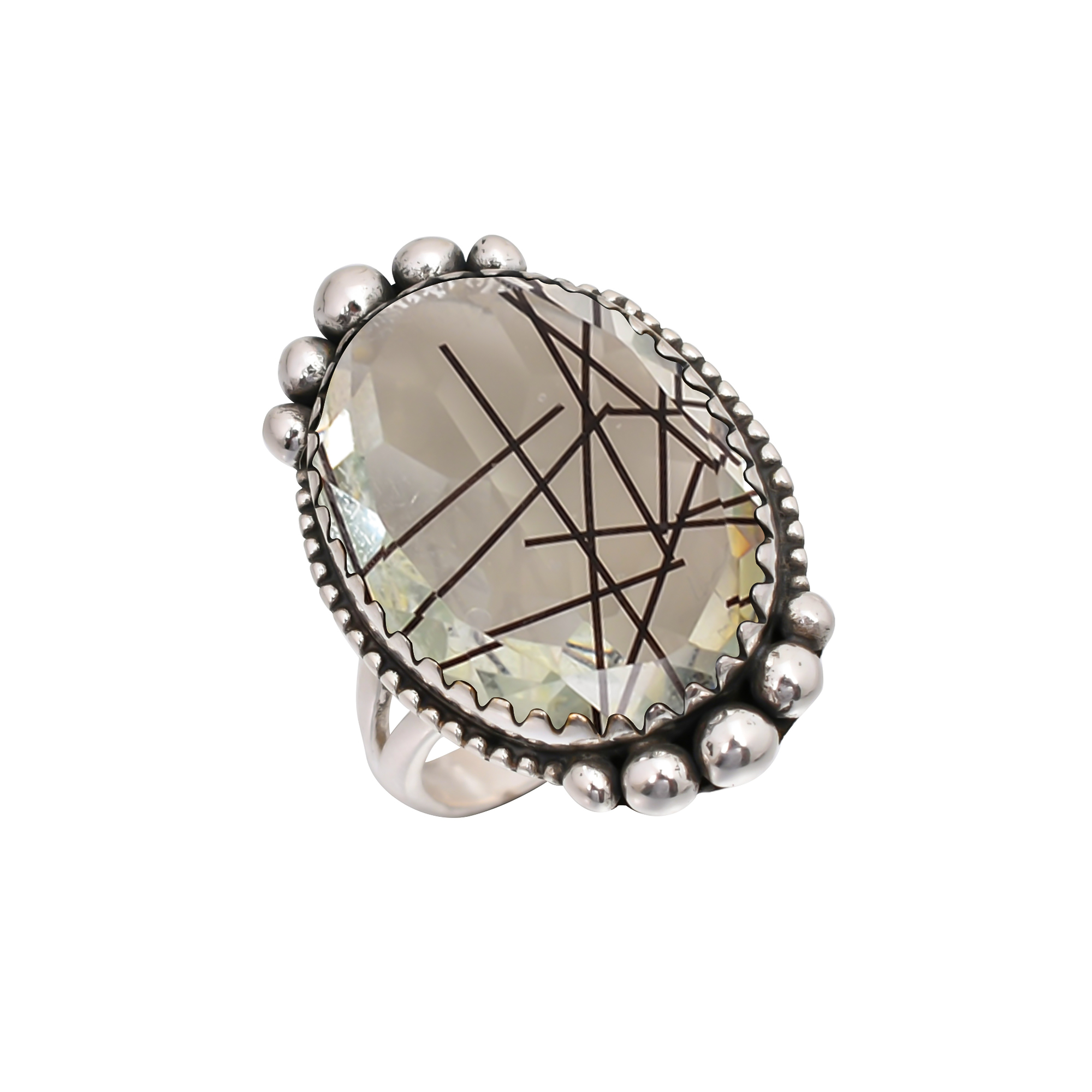 Black Rutilated Quartz - Simulated Gemstone 925 Sterling Silver Ring