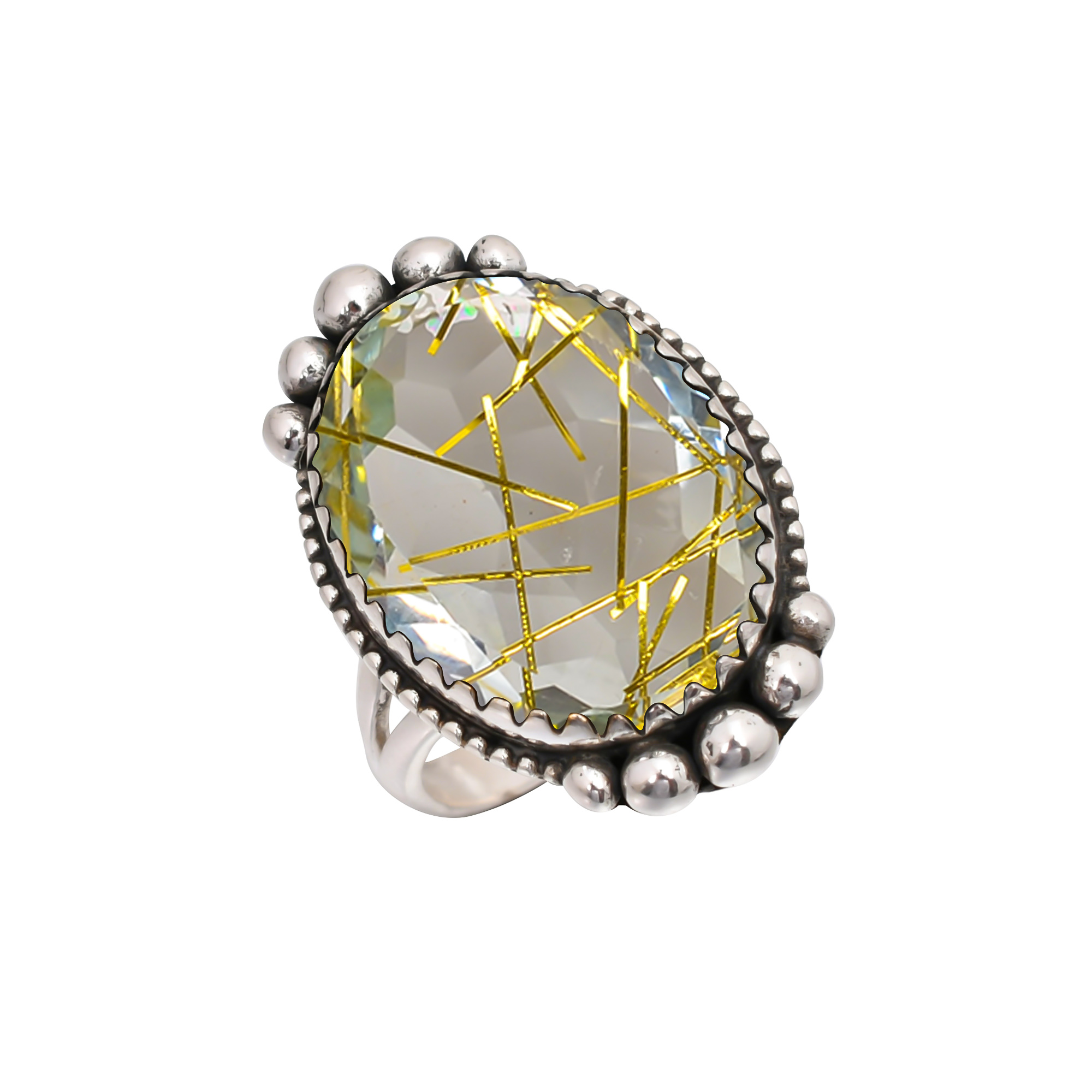 Golden Rutilated Quartz - Simulated Gemstone 925 Sterling Silver Ring