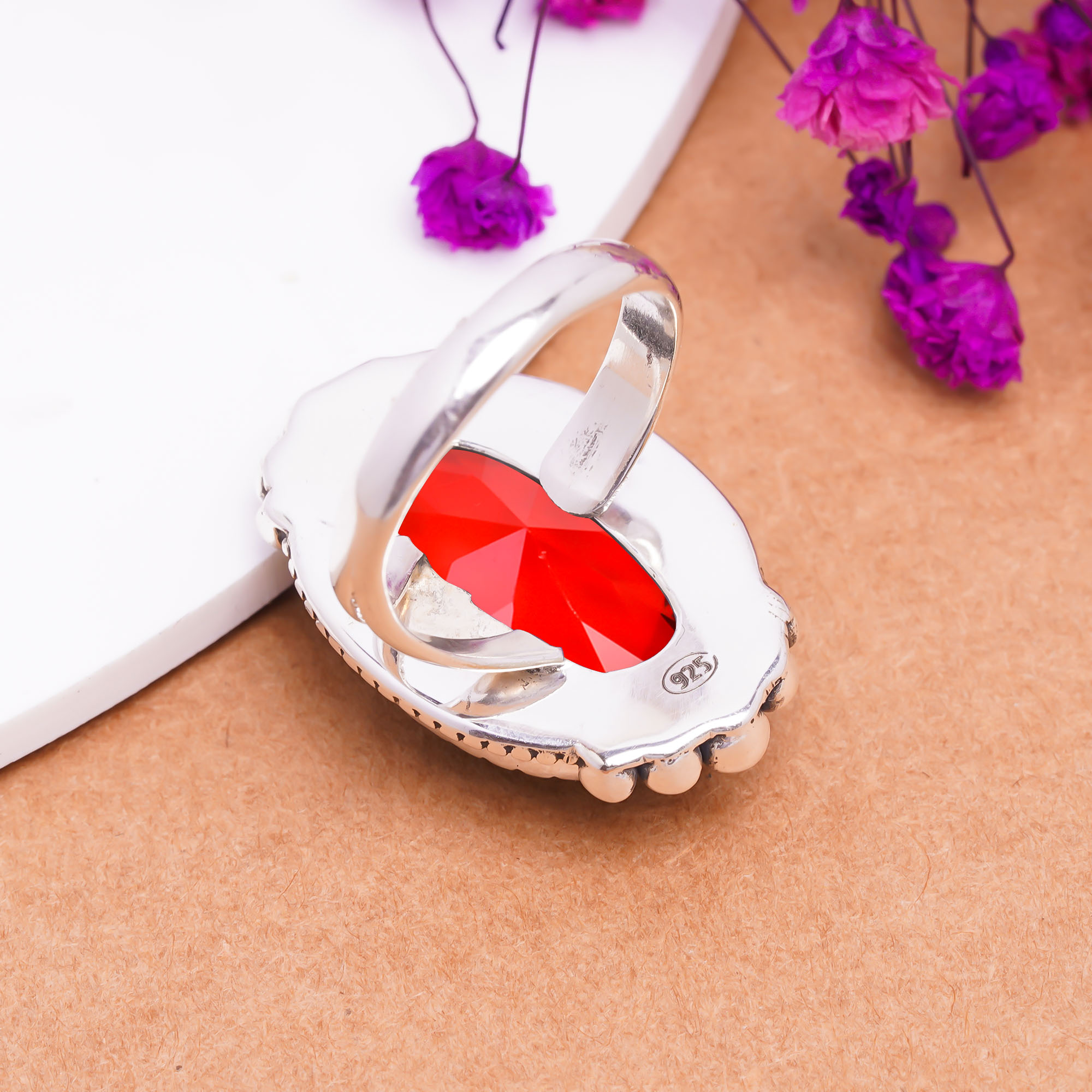 Red Garnet - Simulated Gemstone 925 Sterling Silver Ring