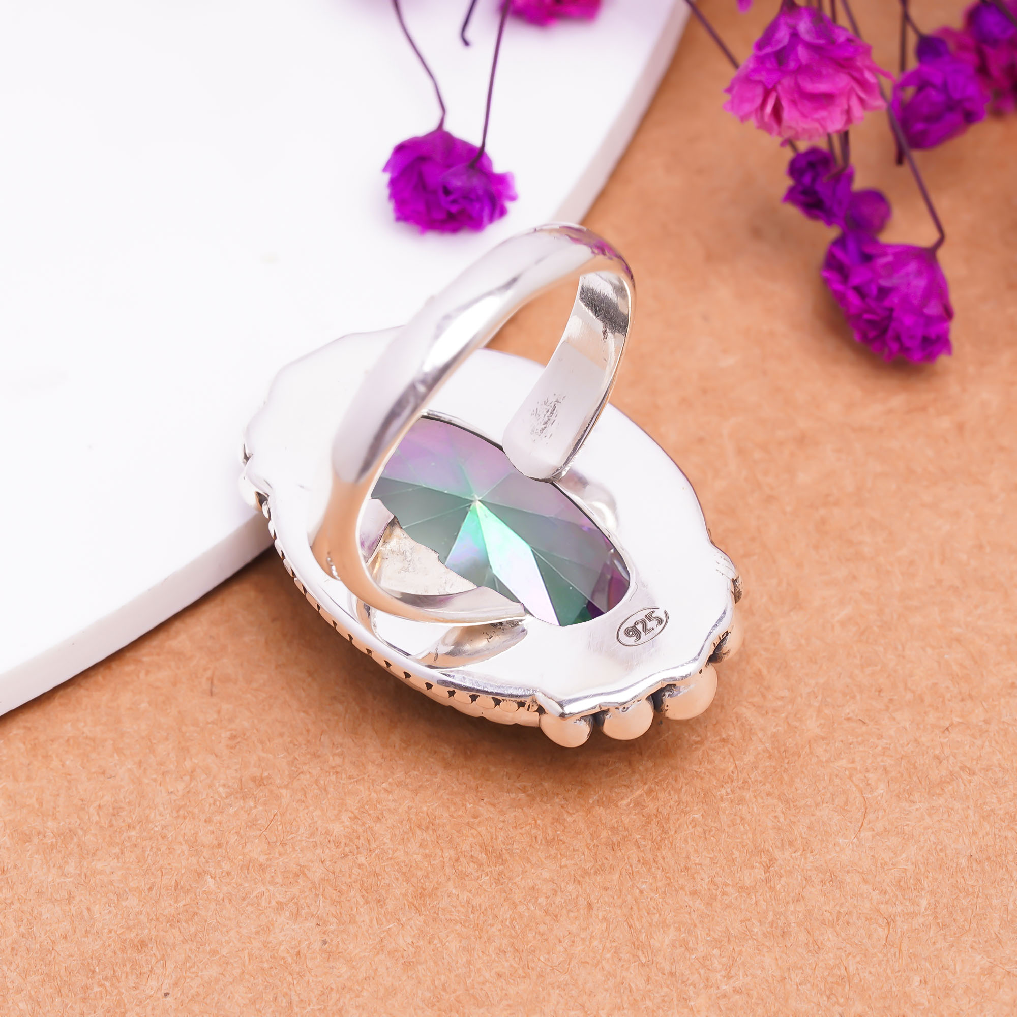 Rainbow Mystic Fire Topaz - Simulated Gemstone 925 Sterling Silver Ring