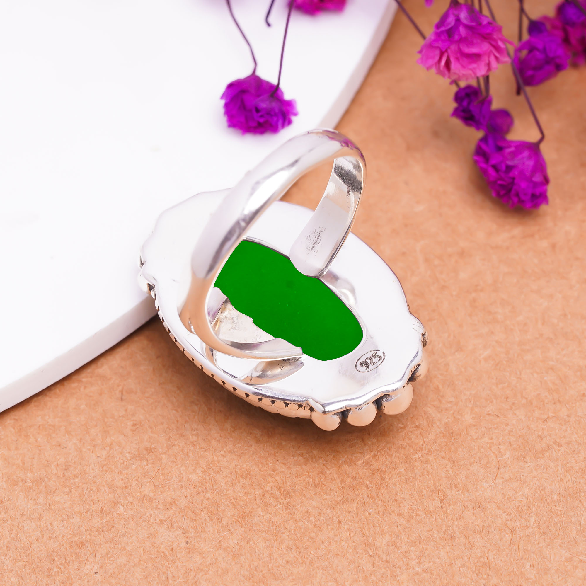 Emerald Simulated Gemstone 925 Sterling Silver Ring
