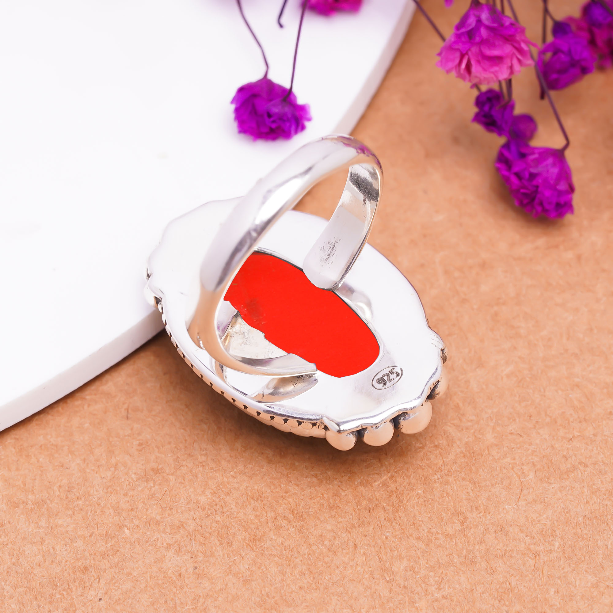 Red Coral - Simulated Gemstone 925 Sterling Silver Ring