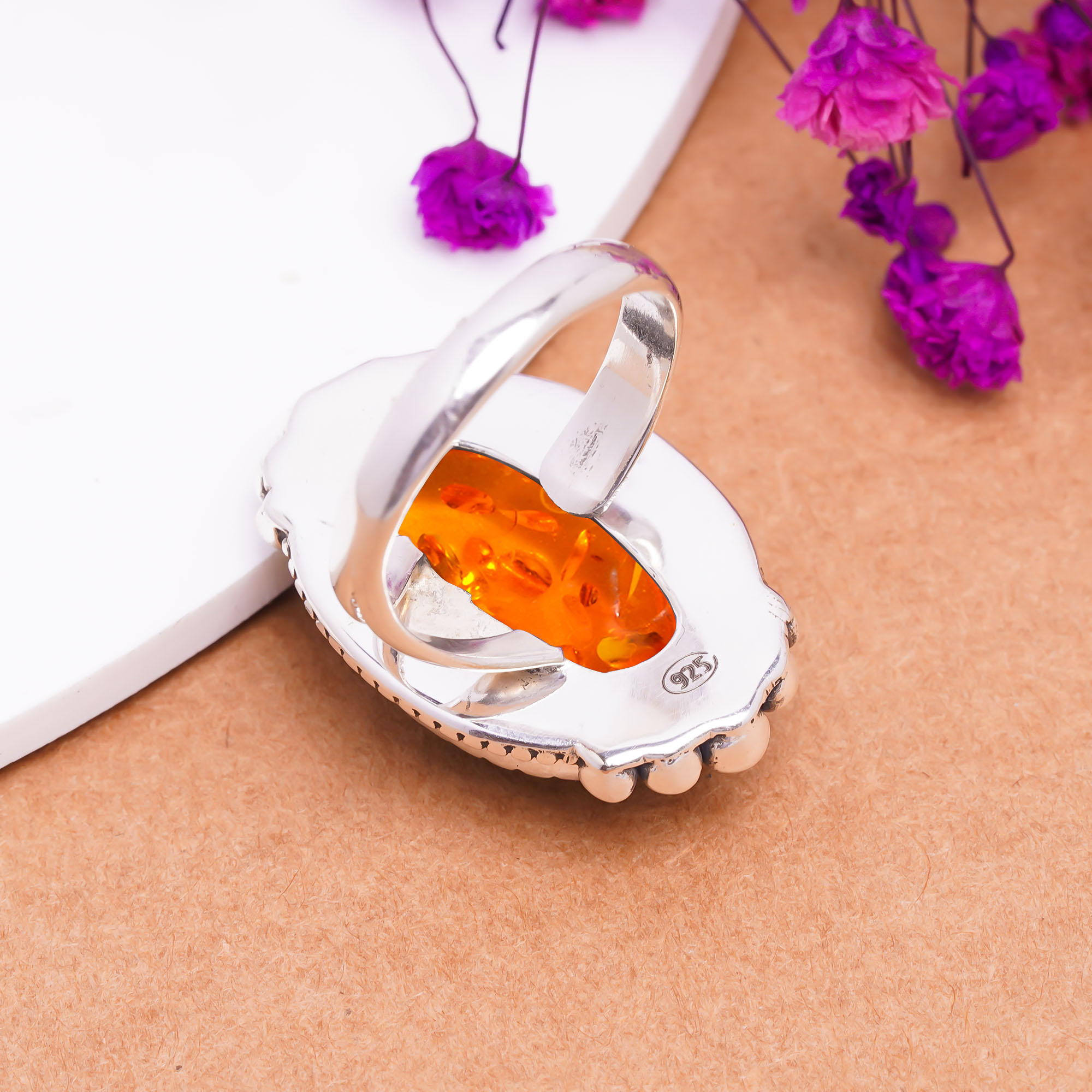 Amber - Simulated Gemstone 925 Sterling Silver Ring