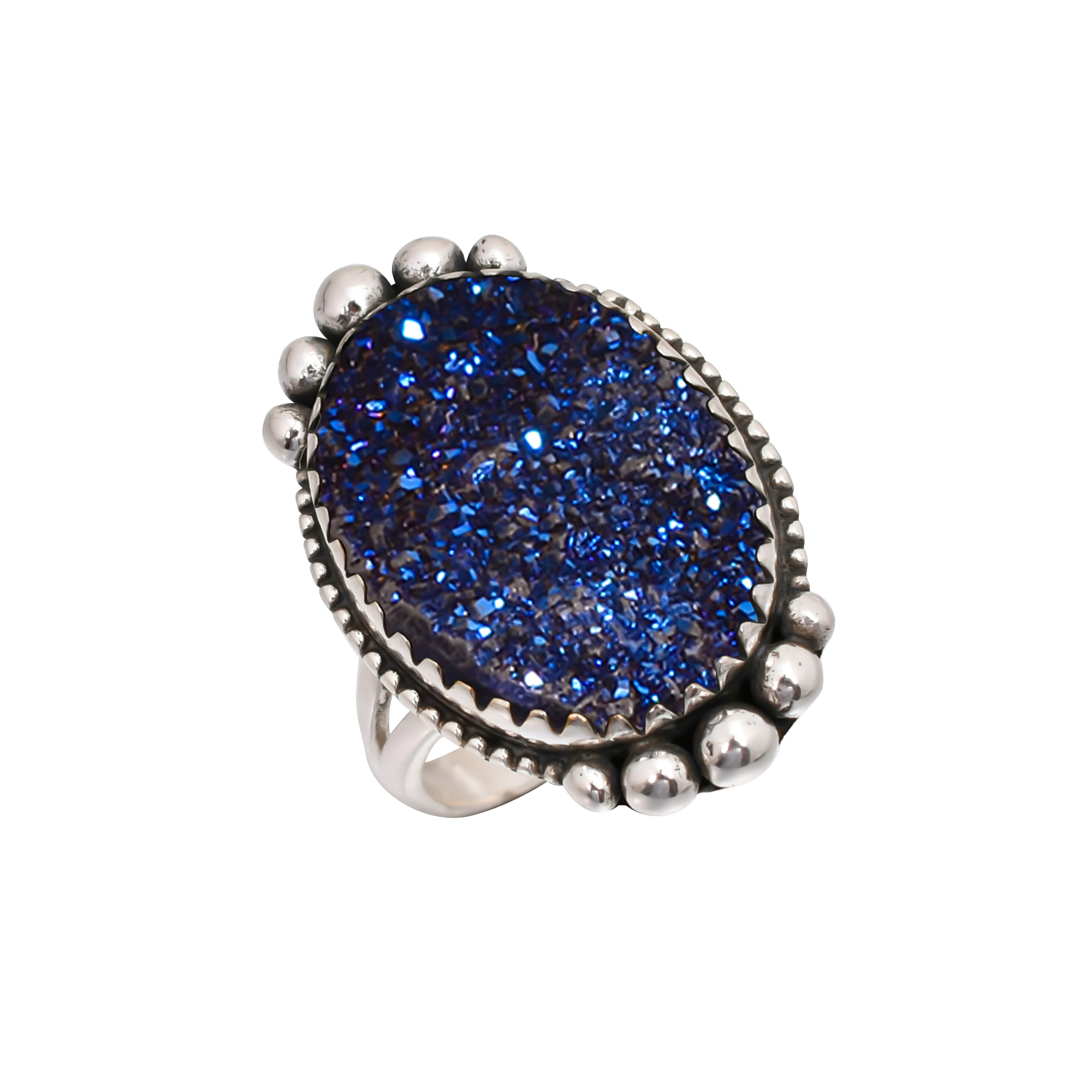 Electric Blue Titanium Agate Drusy 925 Sterling Silver Ring