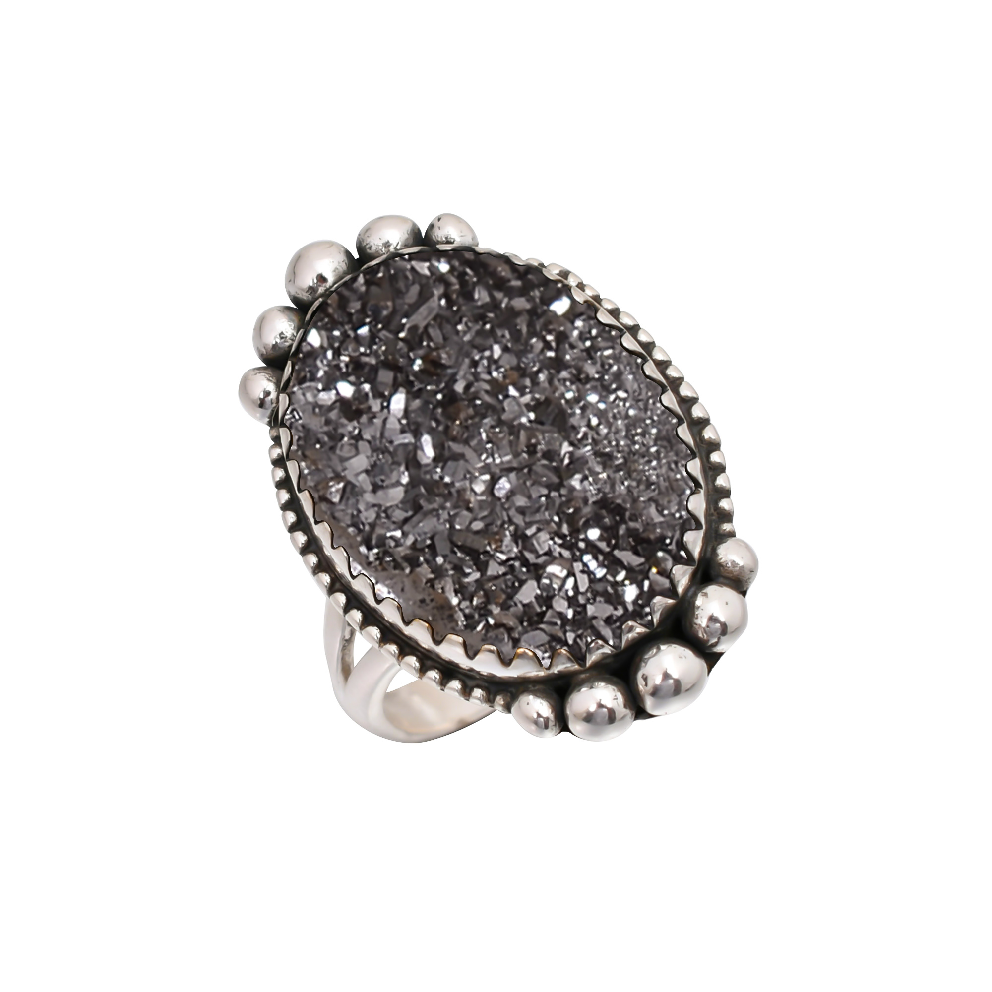 Black Titanium Agate Drusy Gemstone 925 Sterling Silver Ring